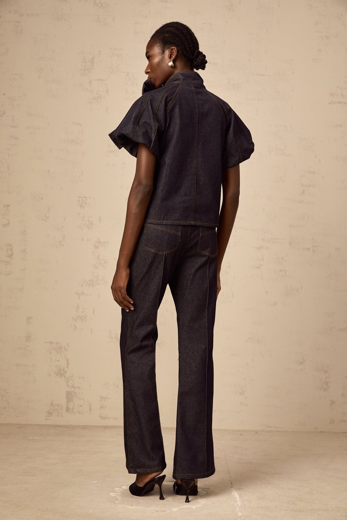 Giuditta Denim Blouse & Jeans Set - Ribbon Tie - Neck Detailing - Short Puff Sleeves - Flared Hem - Classic Five Pockets