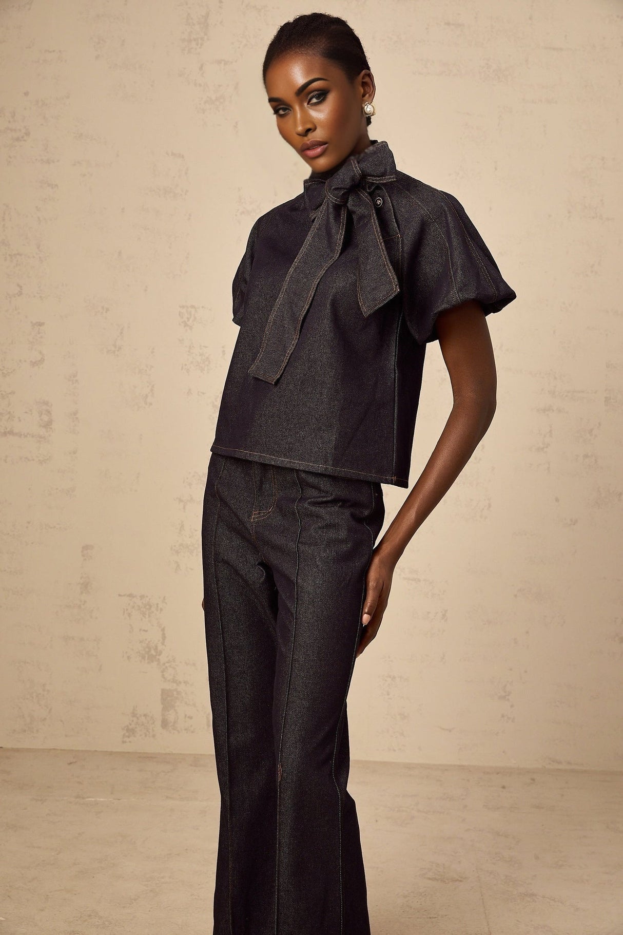 Giuditta Denim Blouse & Jeans Set - Ribbon Tie - Neck Detailing - Short Puff Sleeves - Flared Hem - Classic Five Pockets