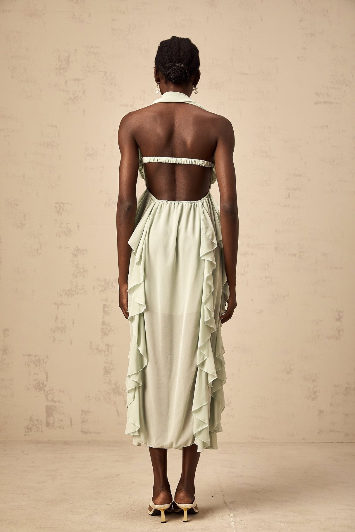 Giuditta Midi Dress - Sleeveless - Halterneck - Pleated - Ruffled Crystal Embellished