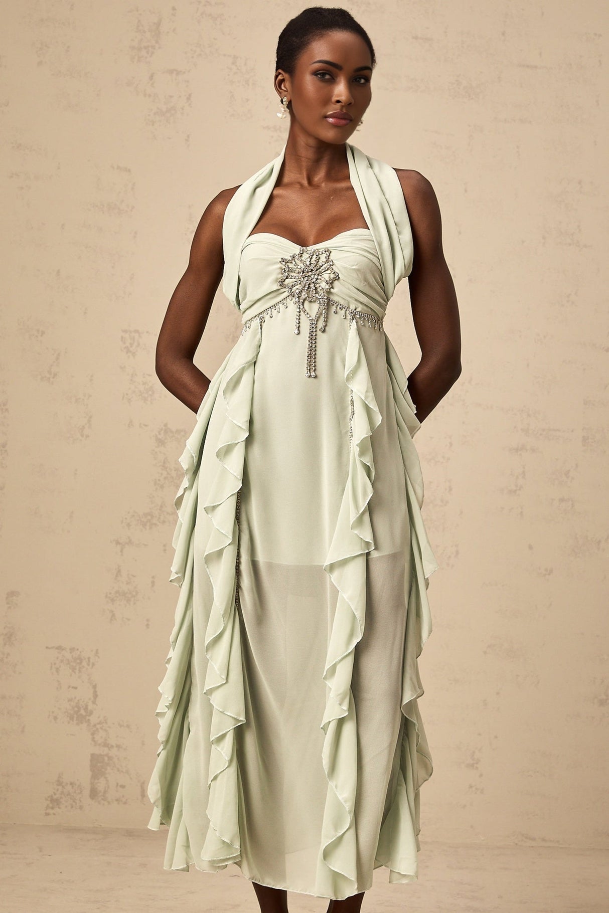 Giuditta Midi Dress - Sleeveless - Halterneck - Pleated - Ruffled Crystal Embellished