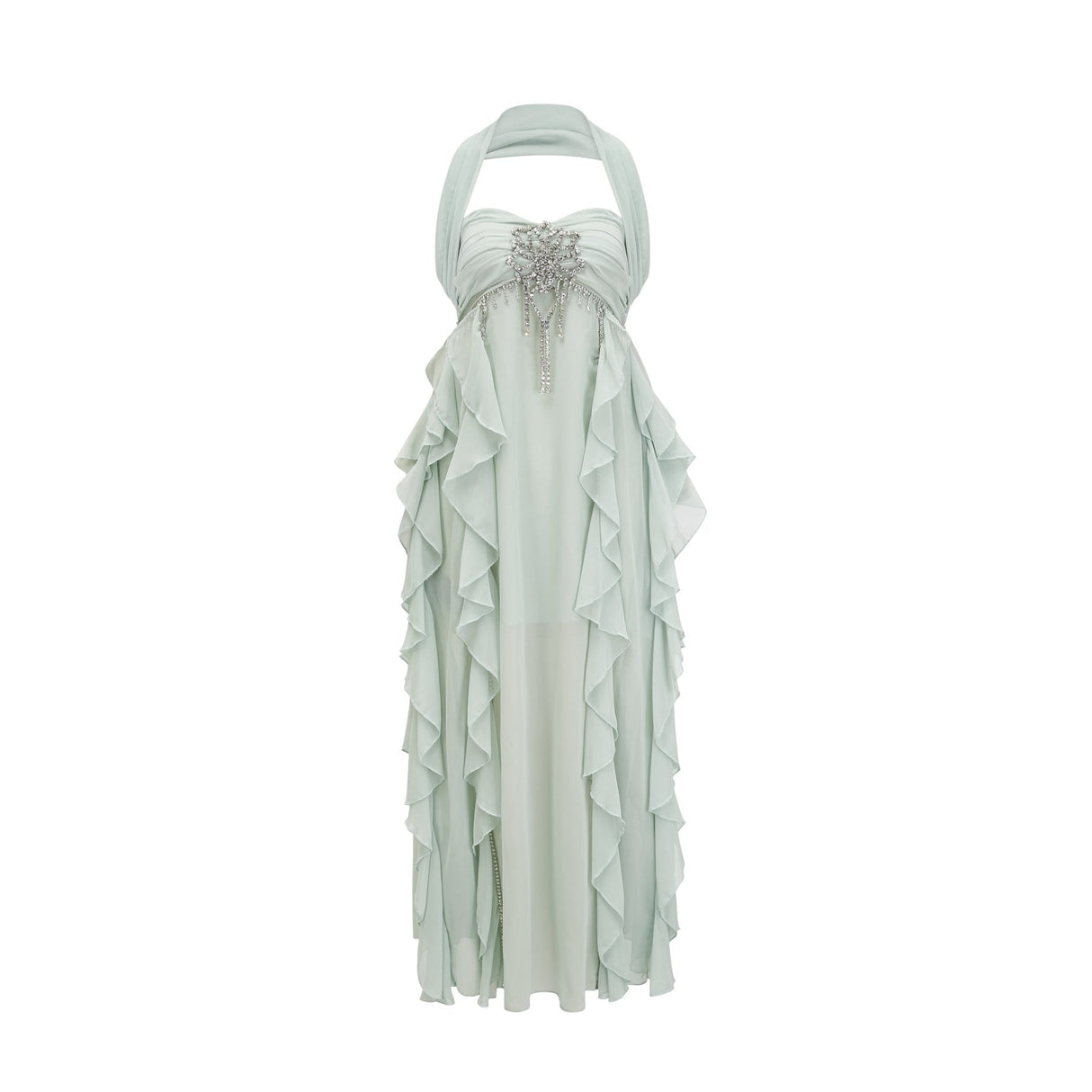 Giuditta Midi Dress - Sleeveless - Halterneck - Pleated - Ruffled Crystal Embellished