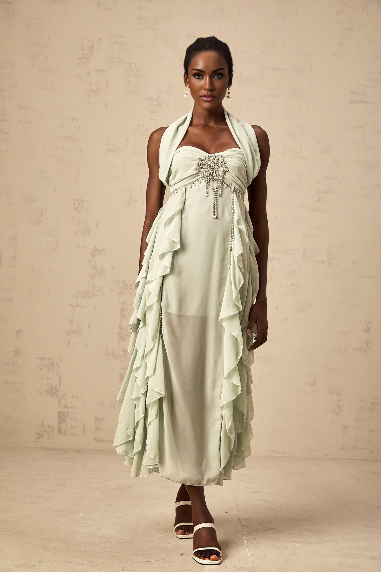 Giuditta Midi Dress - Sleeveless - Halterneck - Pleated - Ruffled Crystal Embellished