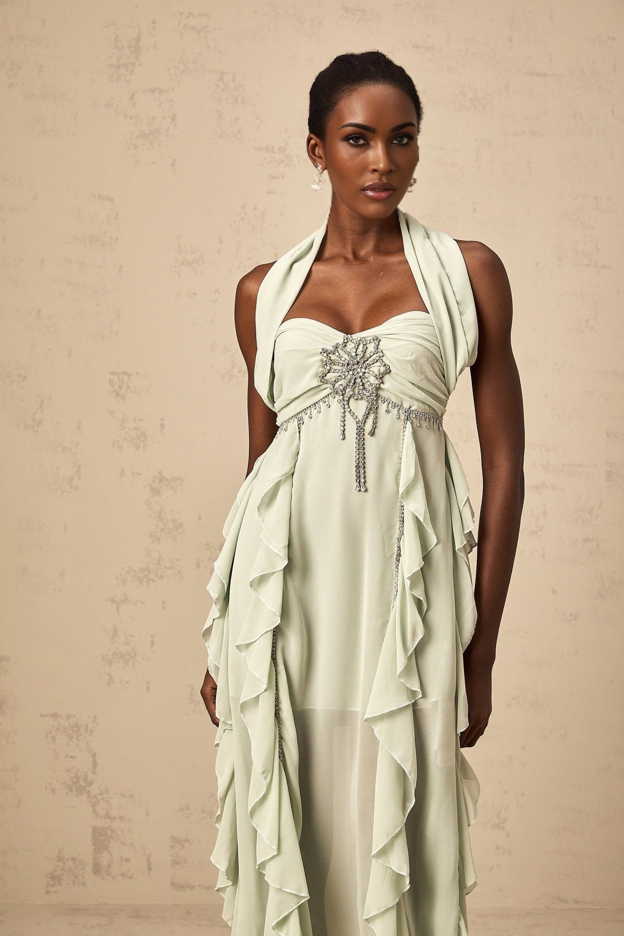 Giuditta Midi Dress - Sleeveless - Halterneck - Pleated - Ruffled Crystal Embellished