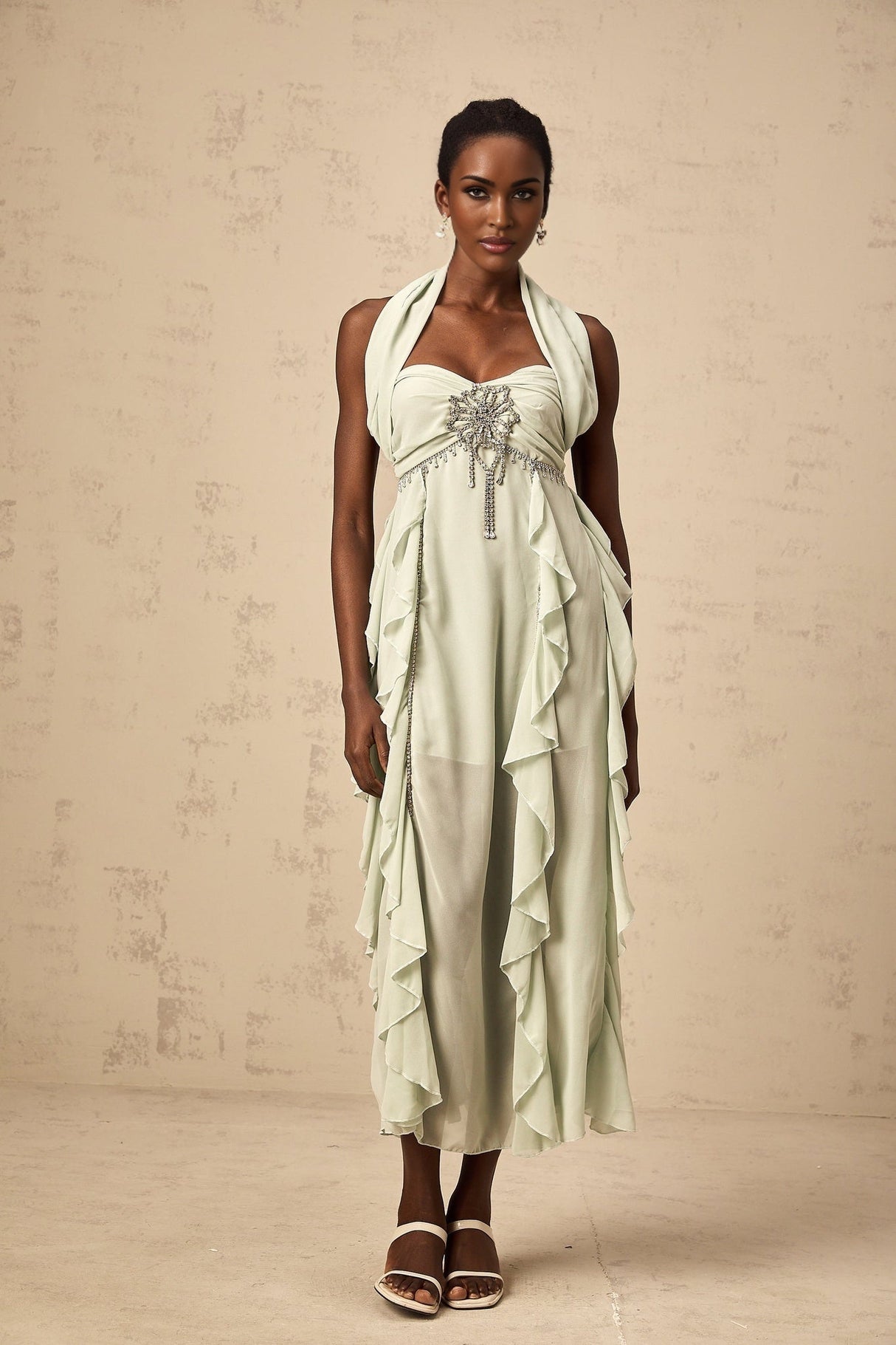 Giuditta Midi Dress - Sleeveless - Halterneck - Pleated - Ruffled Crystal Embellished