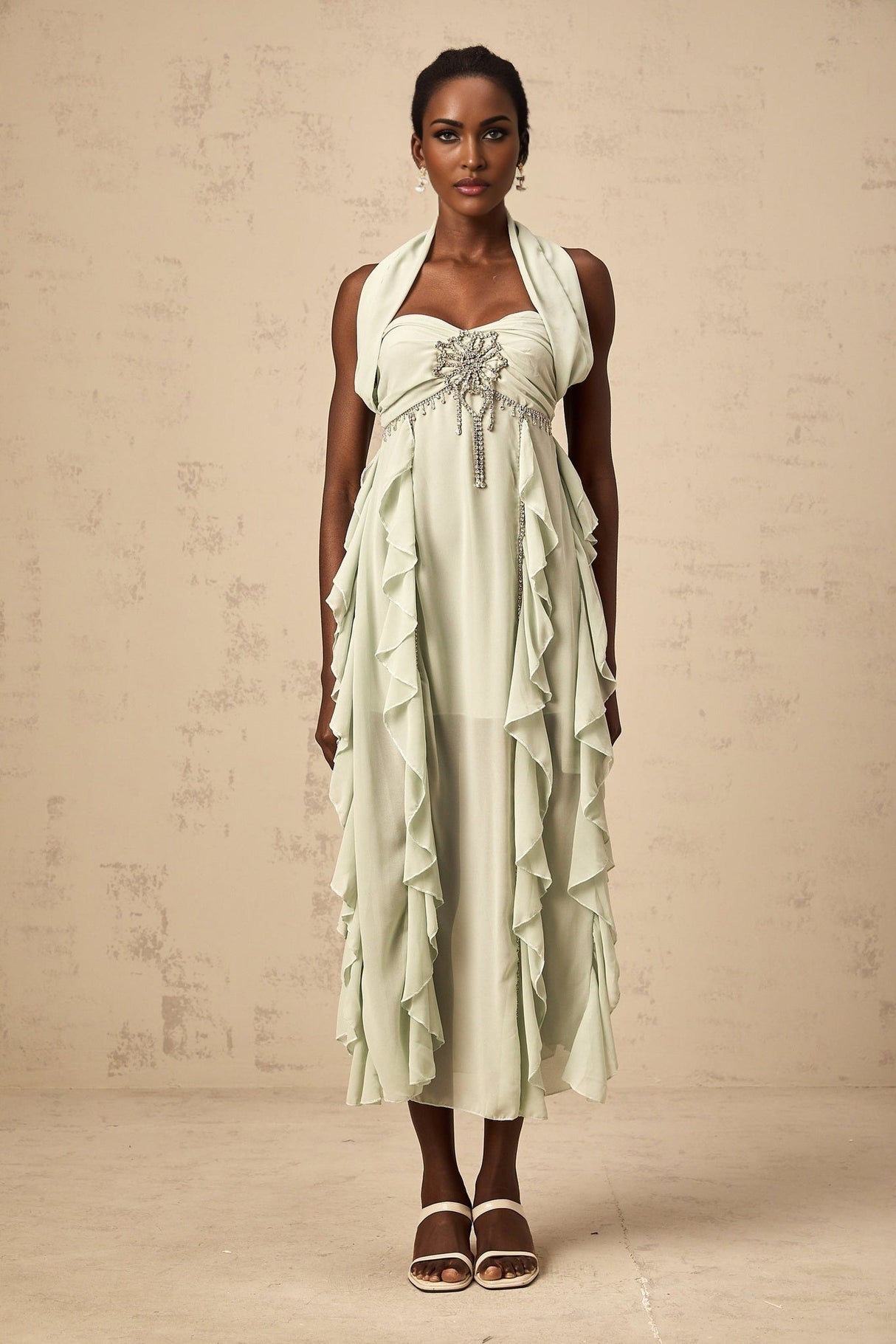 Giuditta Midi Dress - Sleeveless - Halterneck - Pleated - Ruffled Crystal Embellished