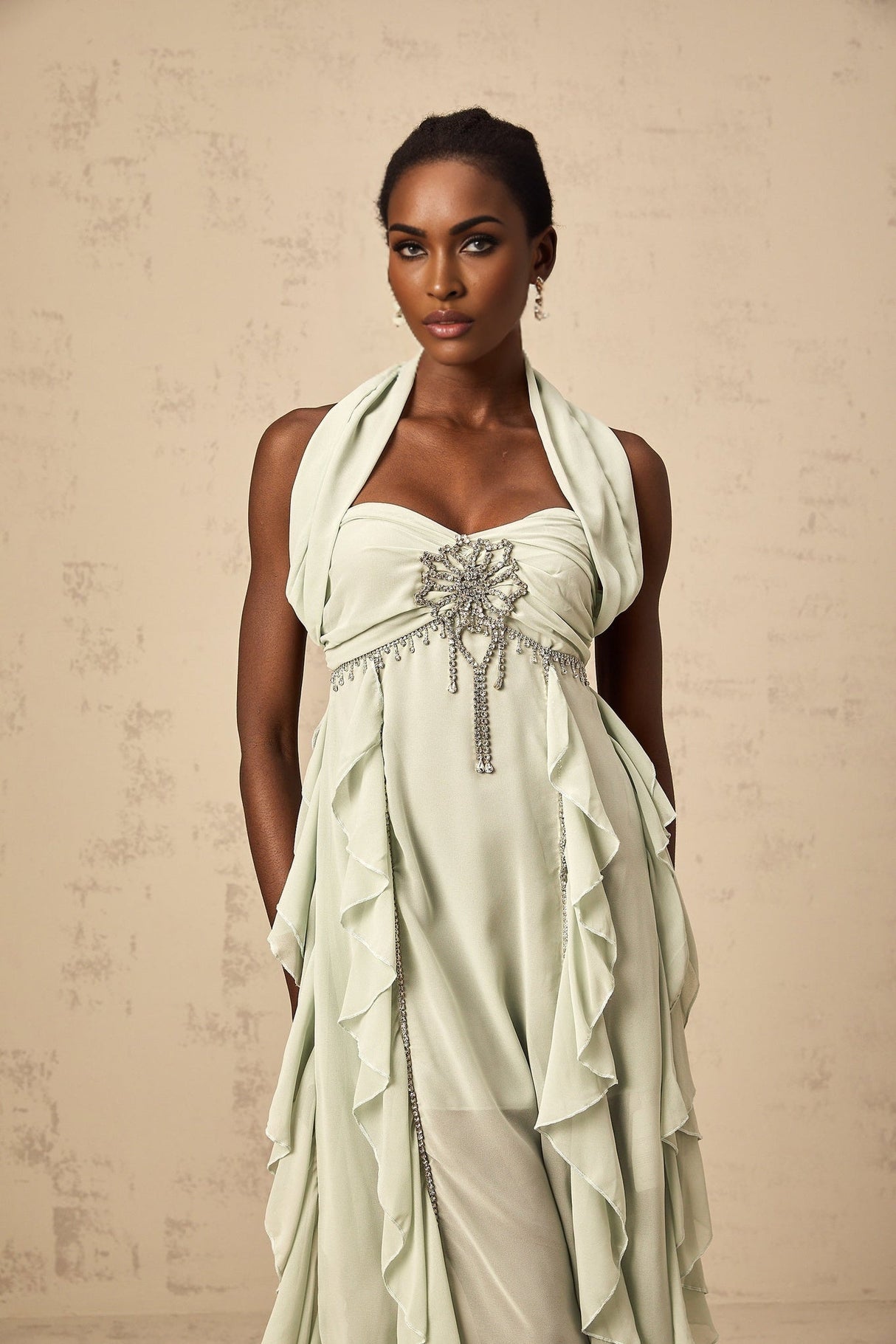 Giuditta Midi Dress - Sleeveless - Halterneck - Pleated - Ruffled Crystal Embellished