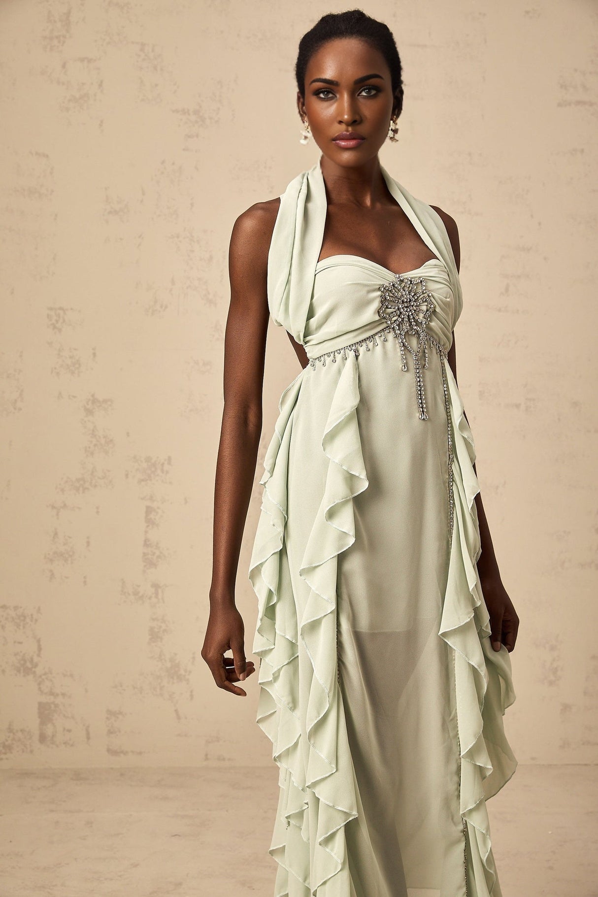 Giuditta Midi Dress - Sleeveless - Halterneck - Pleated - Ruffled Crystal Embellished