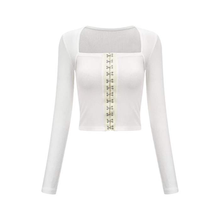 Giuditta Top - Scoop Neck - Front Buckle Fastening - Long Sleeves - Fitted Fit