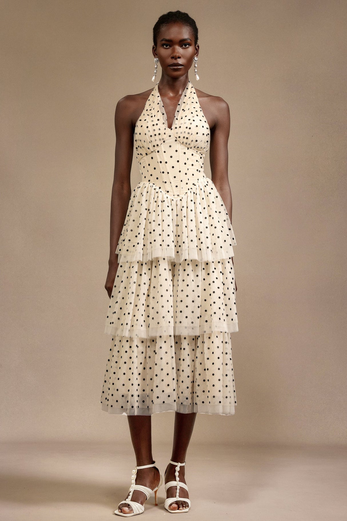 Giulia Beige Layered Halter Midi Dress with Dot Print