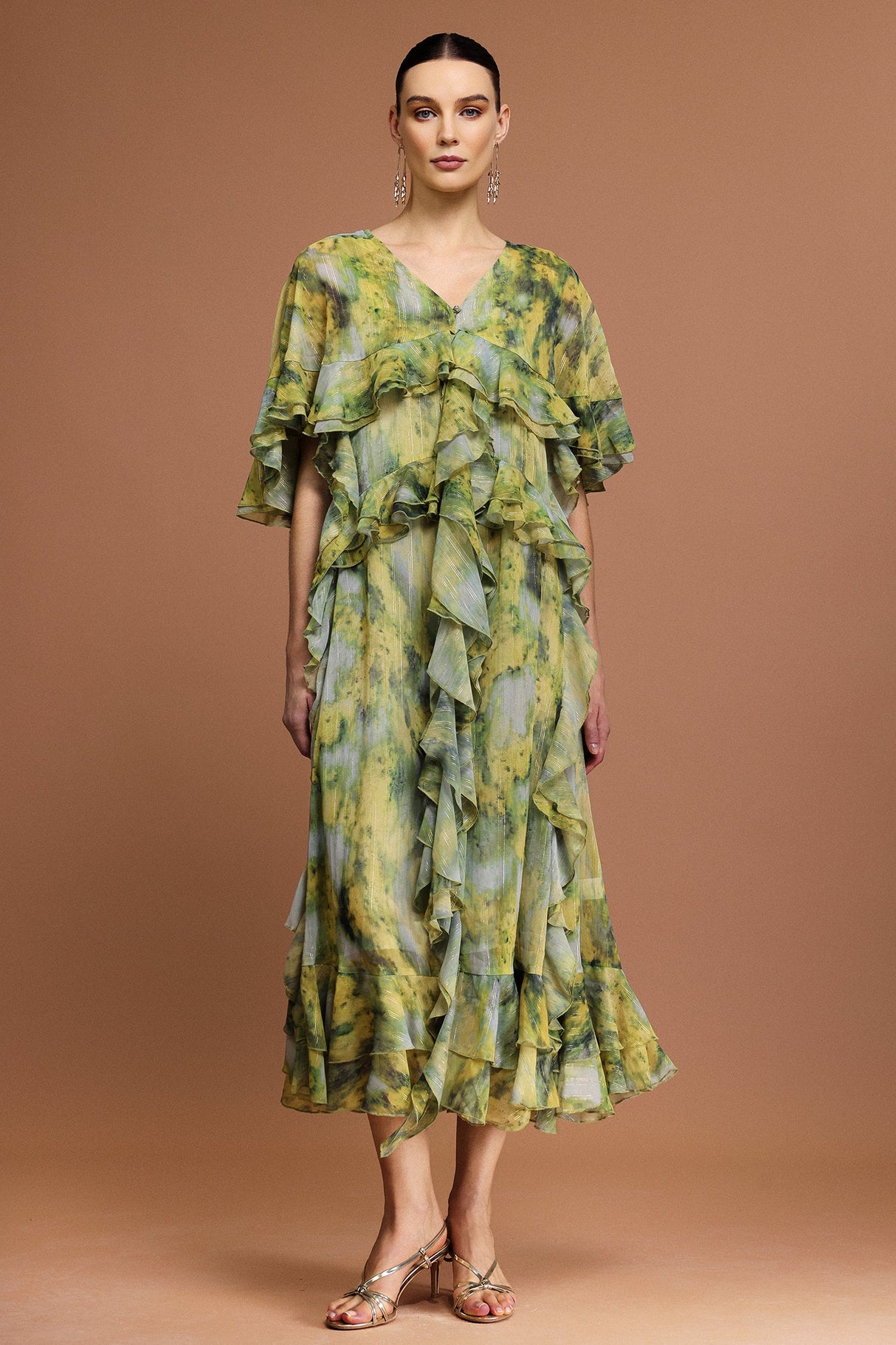 Giulia Green Maxi Dress Ruffled V-Neckline Short Sleeves Bohemian Print