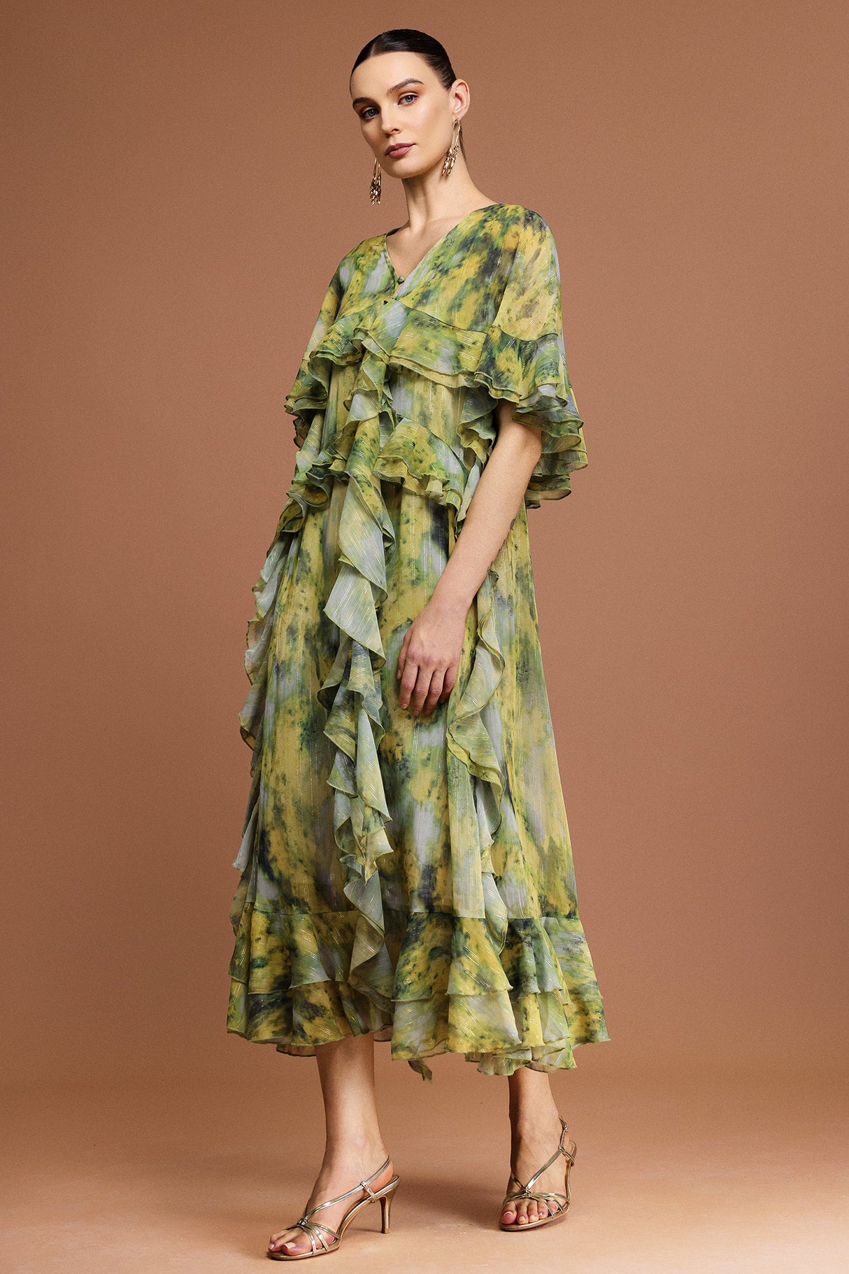 Giulia Green Maxi Dress with Ruffled Detailing and V-Neckline for Women