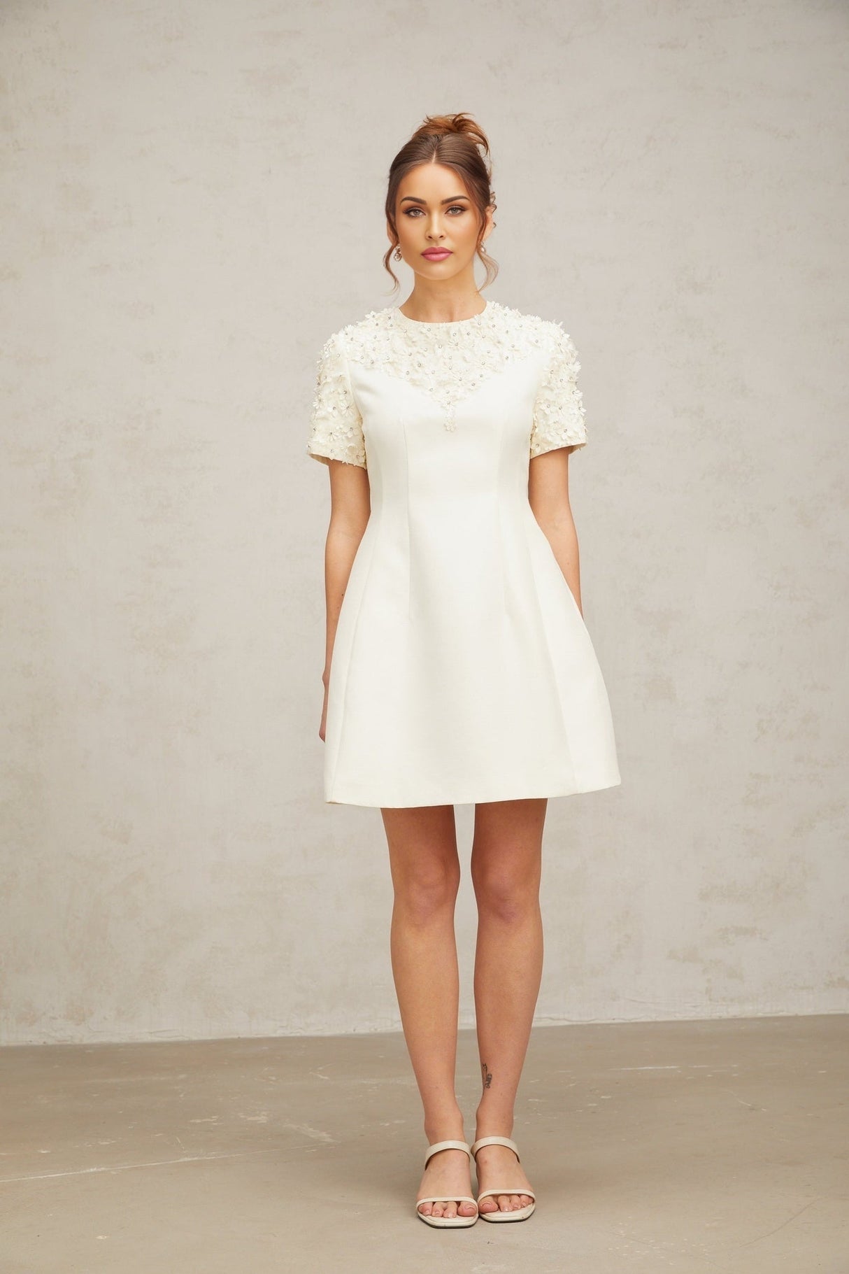 Giulia Mini Dress – Short Sleeves – Cinched Waist – Floral Appliqué