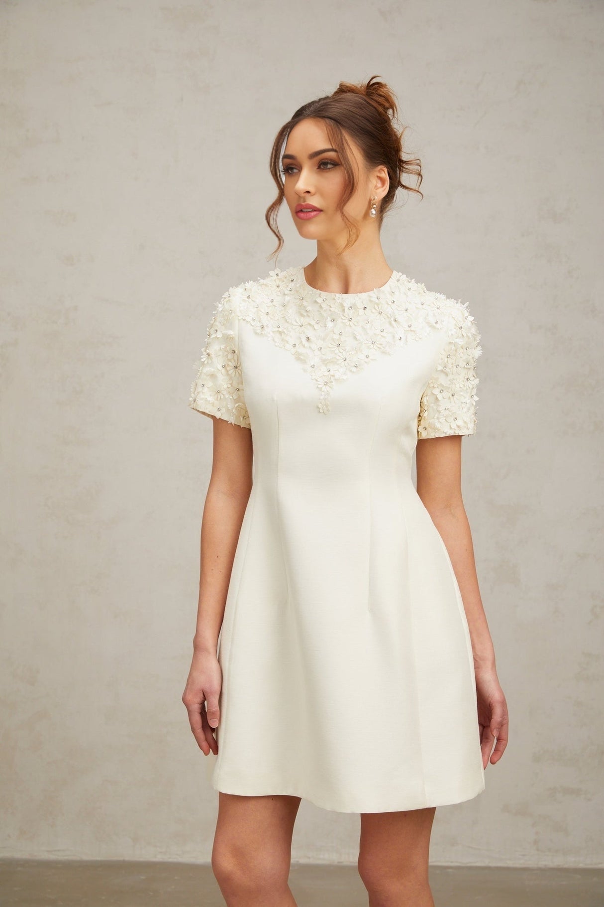 Giulia Mini Dress – Short Sleeves – Cinched Waist – Floral Appliqué