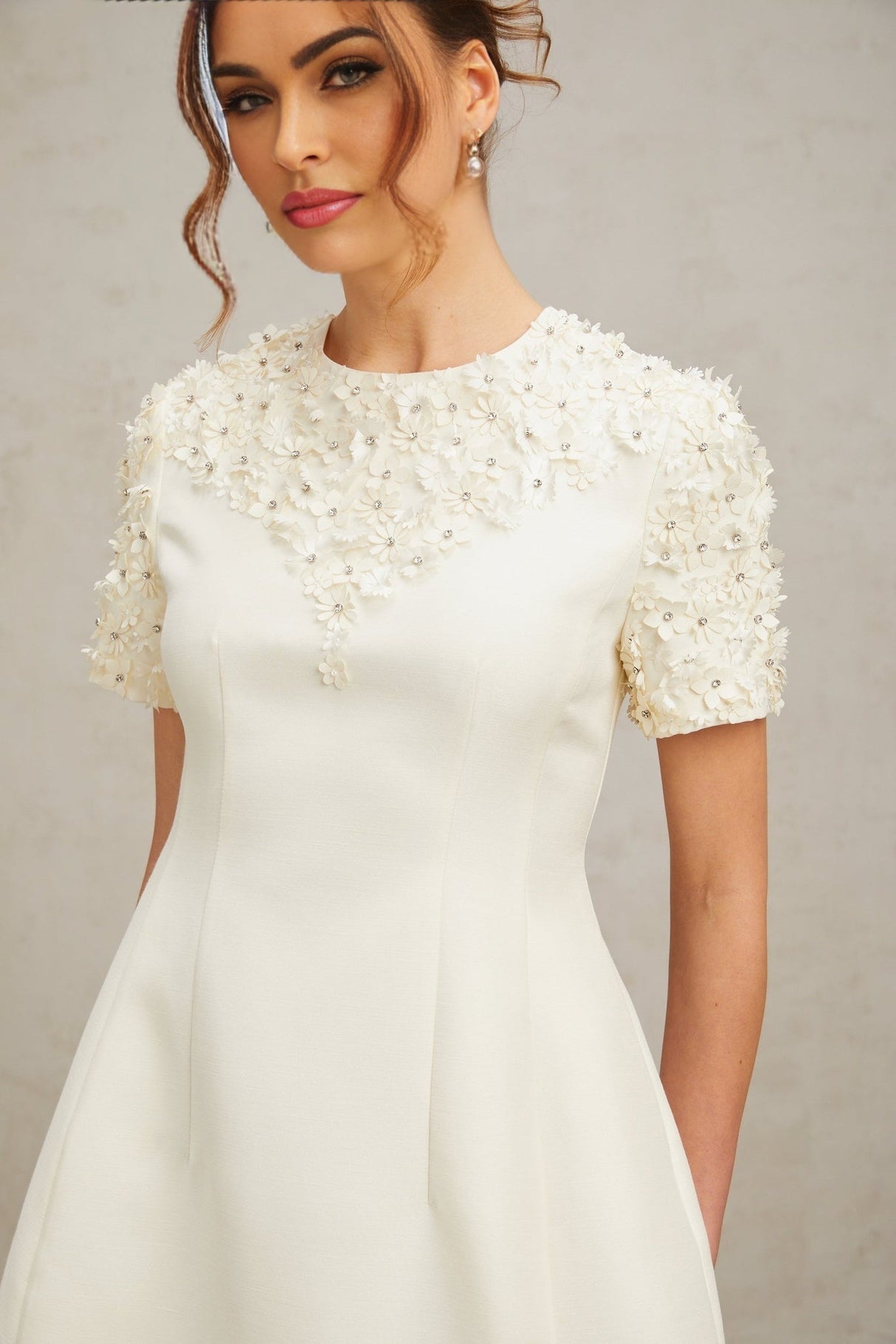 Giulia Mini Dress – Short Sleeves – Cinched Waist – Floral Appliqué