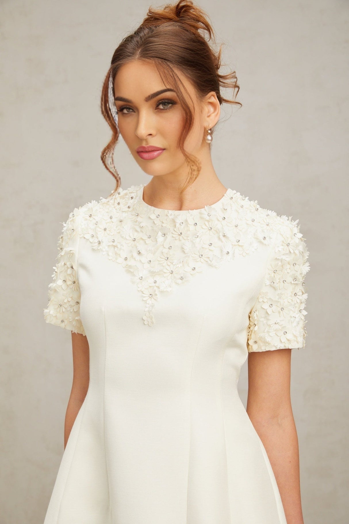 Giulia Mini Dress – Short Sleeves – Cinched Waist – Floral Appliqué