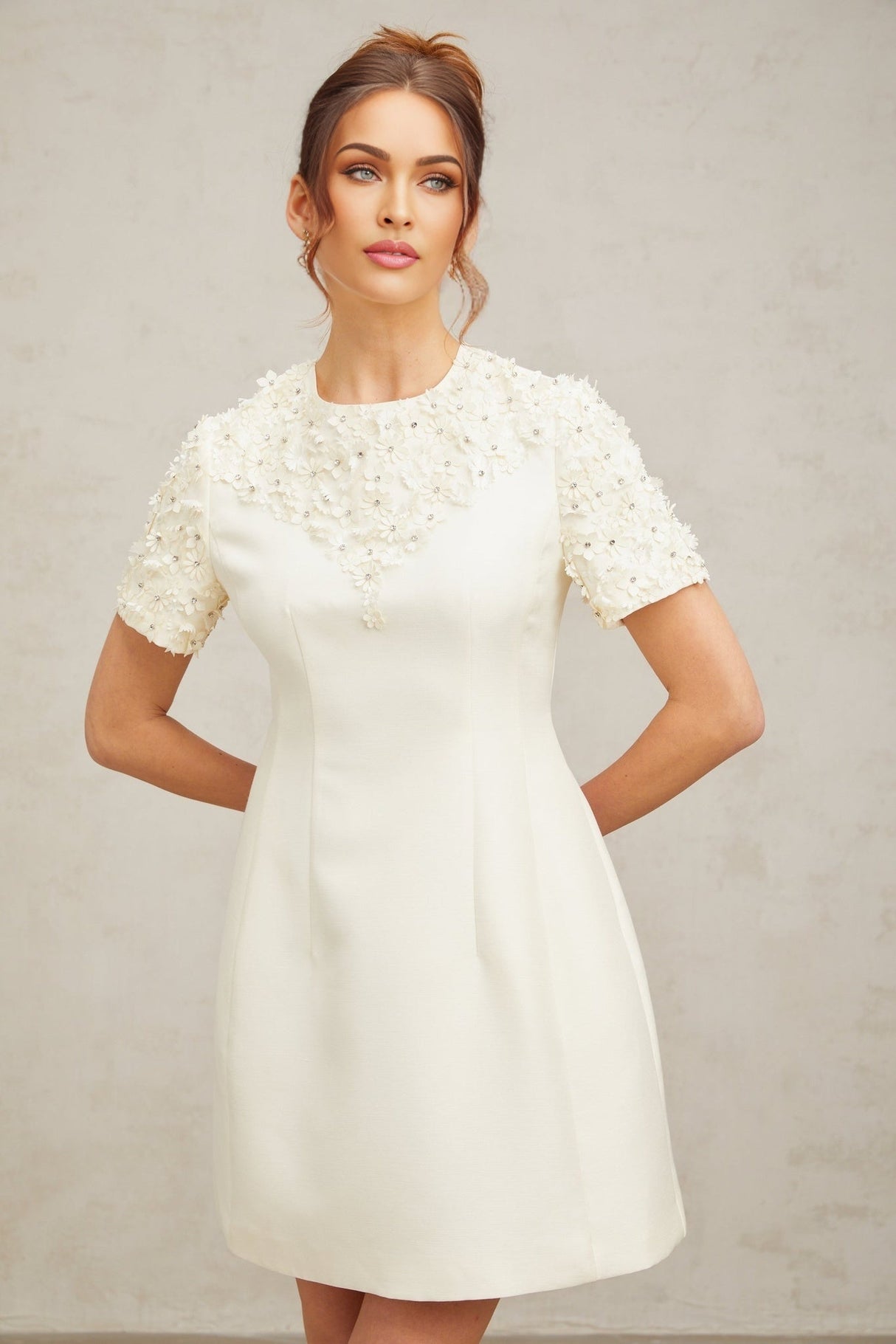 Giulia Mini Dress – Short Sleeves – Cinched Waist – Floral Appliqué