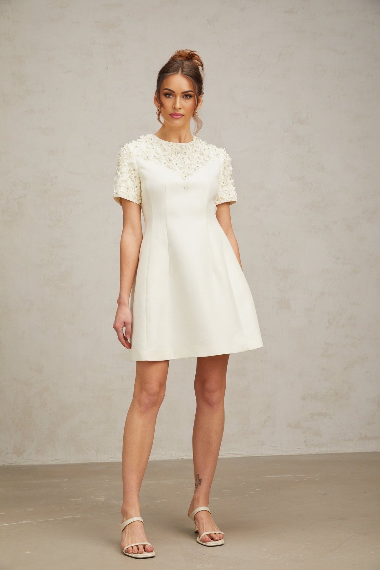 Giulia Mini Dress – Short Sleeves – Cinched Waist – Floral Appliqué