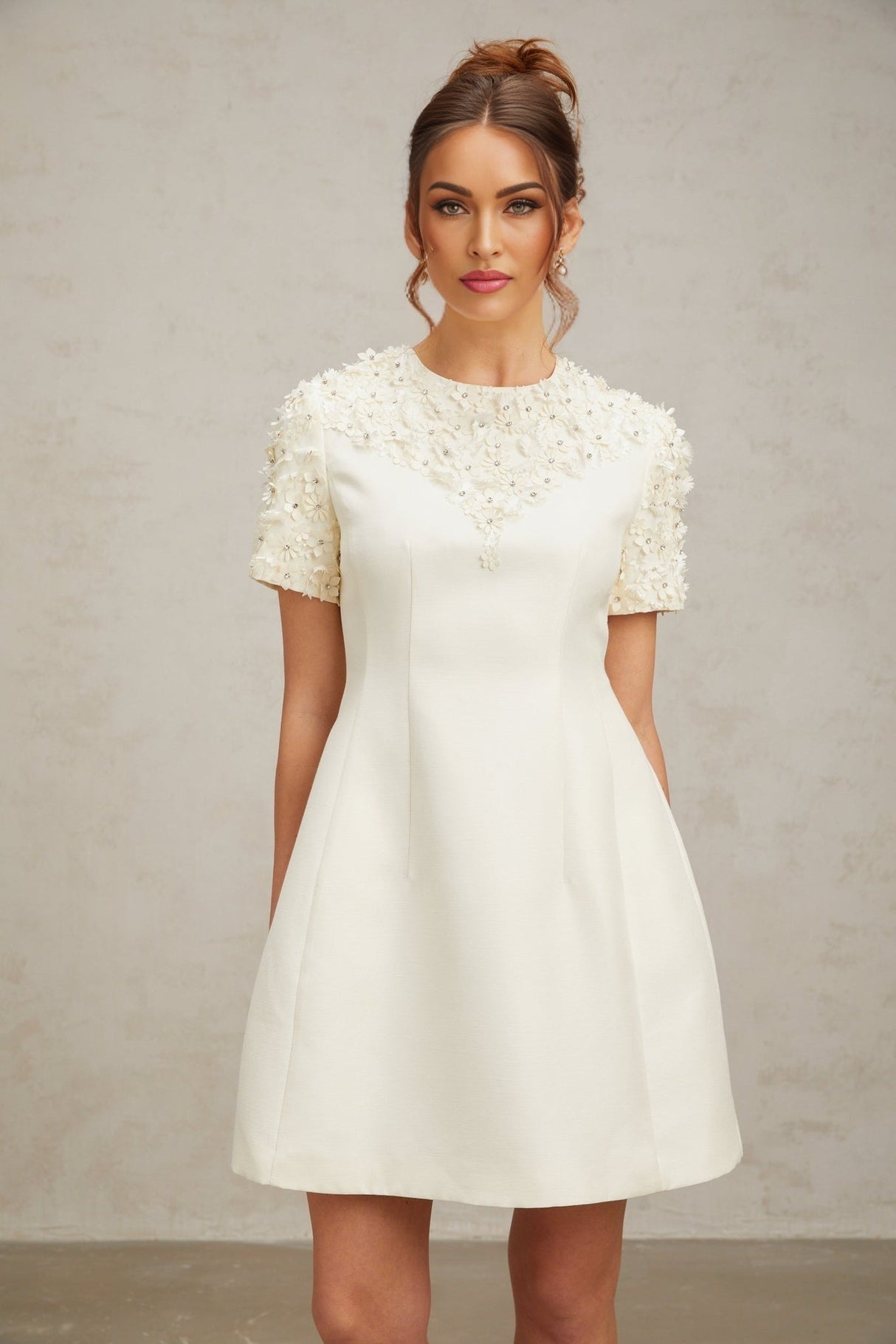 Giulia Mini Dress – Short Sleeves – Cinched Waist – Floral Appliqué