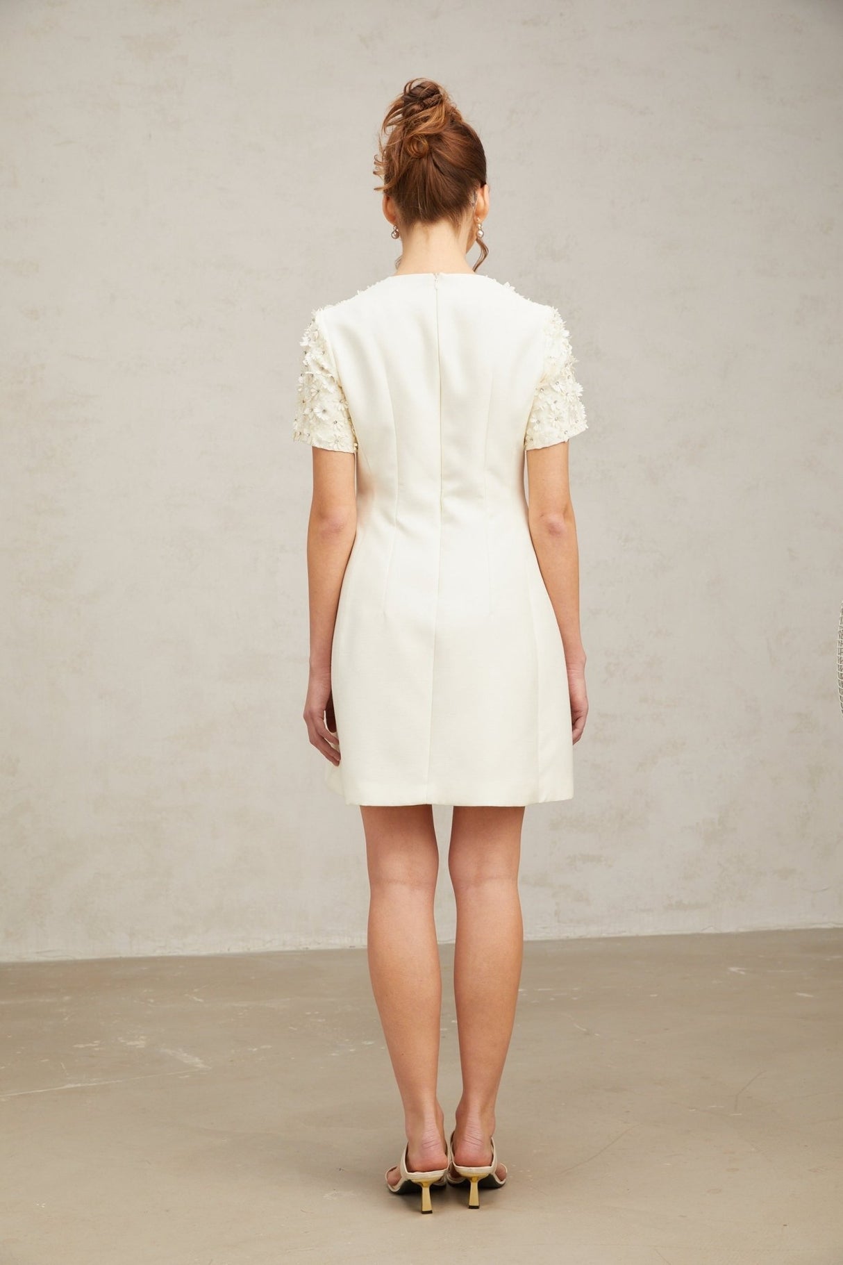 Giulia Mini Dress – Short Sleeves – Cinched Waist – Floral Appliqué