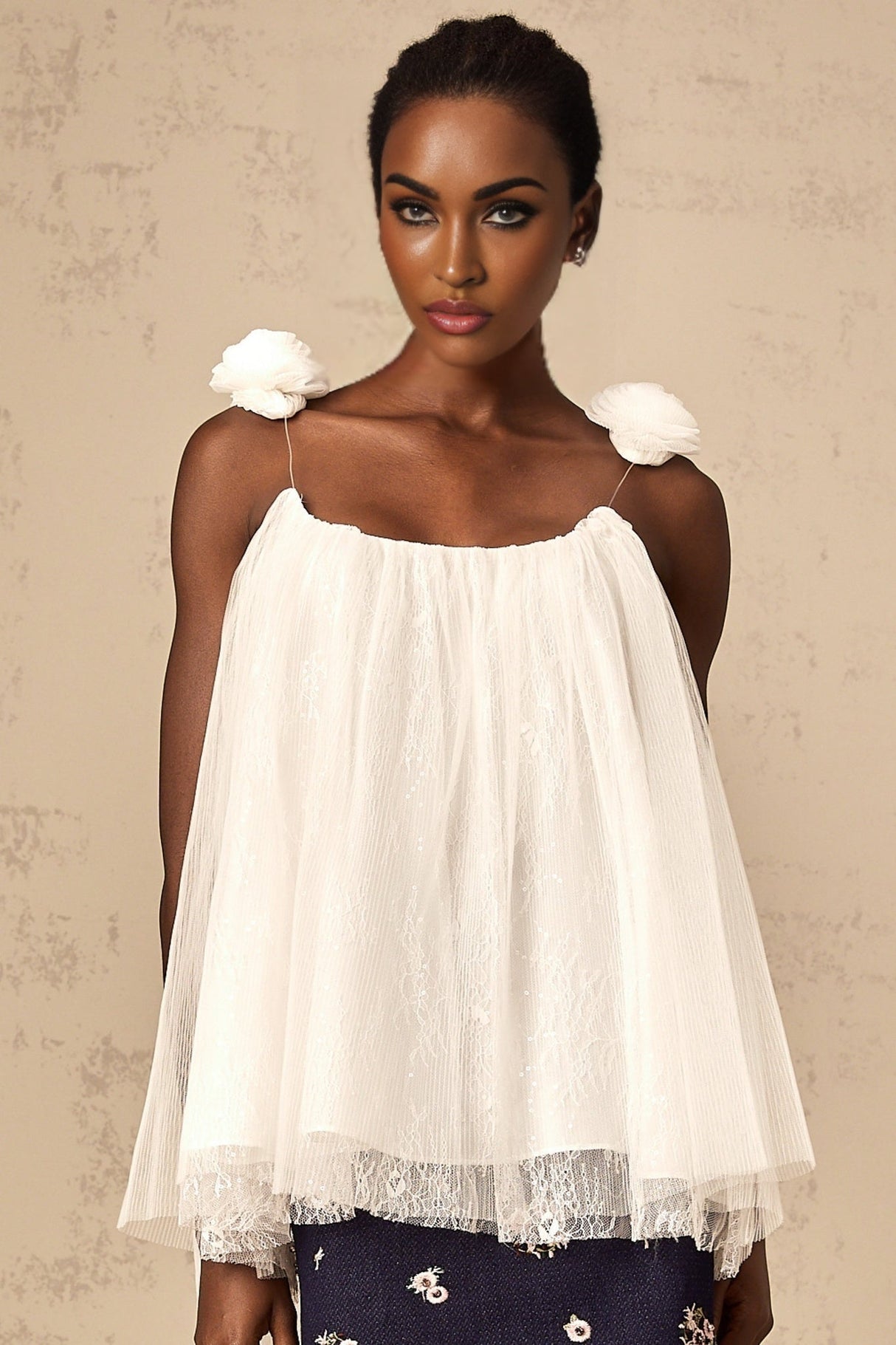 Giulia Top - Mesh Fabric - Flower Appliqué - Sequin Embellishment