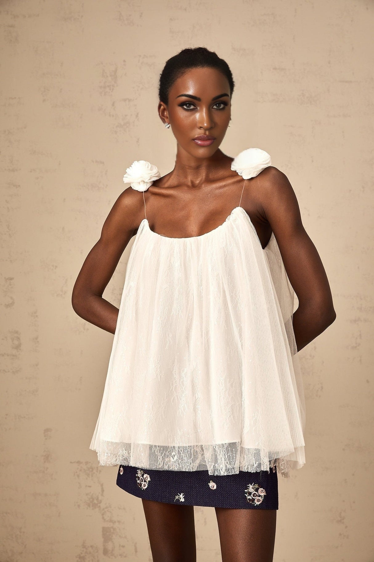 Giulia Top - Mesh Fabric - Flower Appliqué - Sequin Embellishment