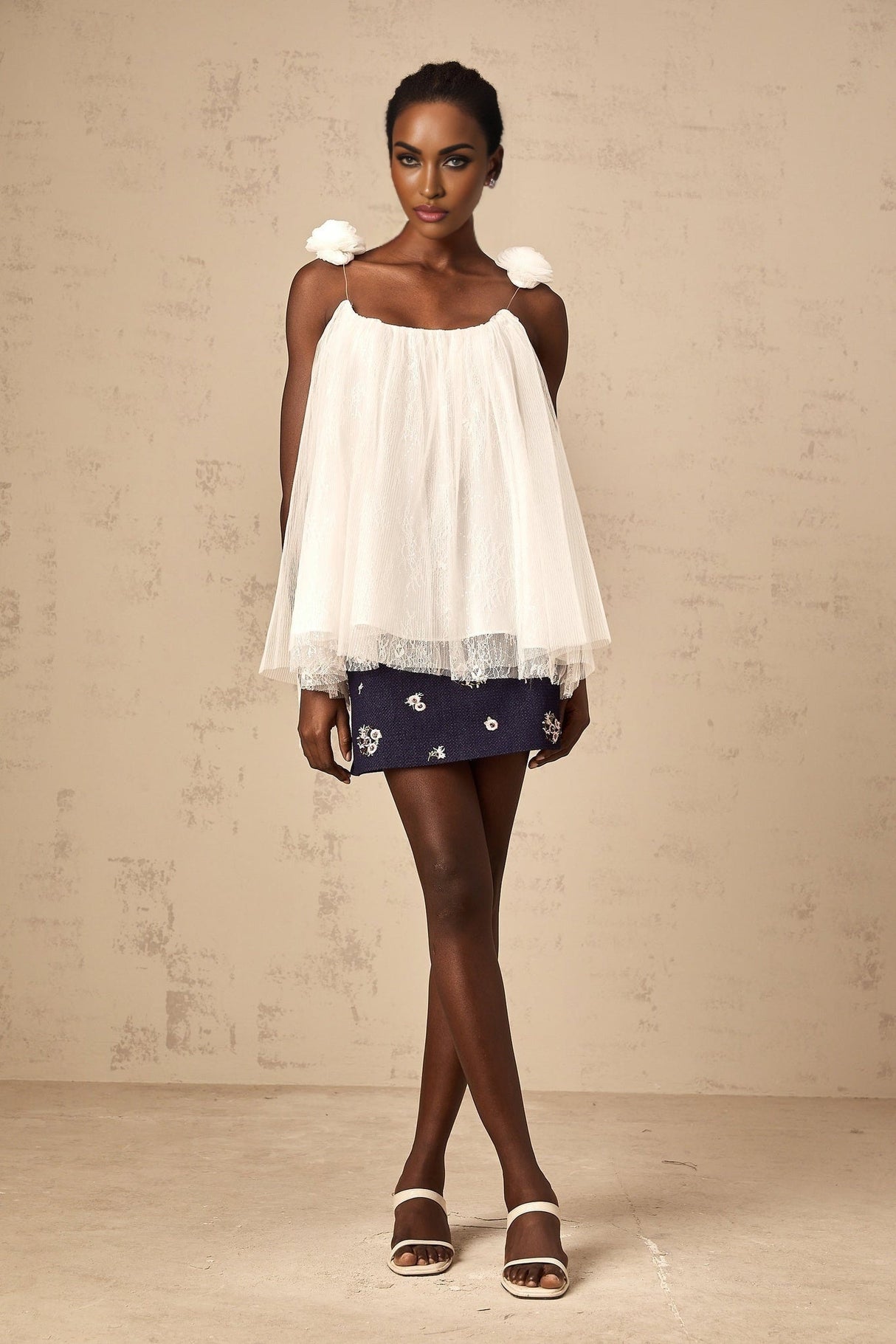 Giulia Top - Mesh Fabric - Flower Appliqué - Sequin Embellishment