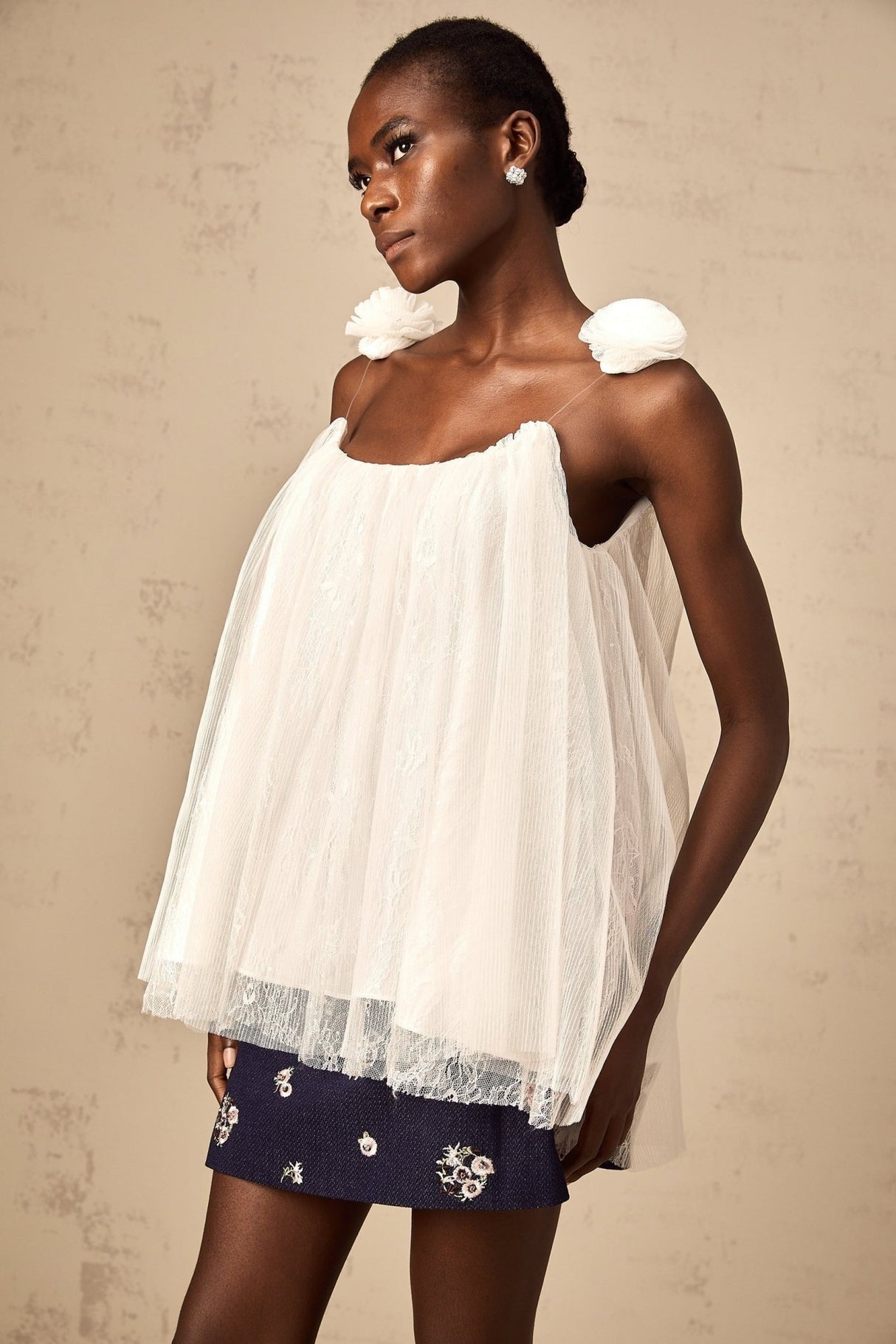 Giulia Top - Mesh Fabric - Flower Appliqué - Sequin Embellishment