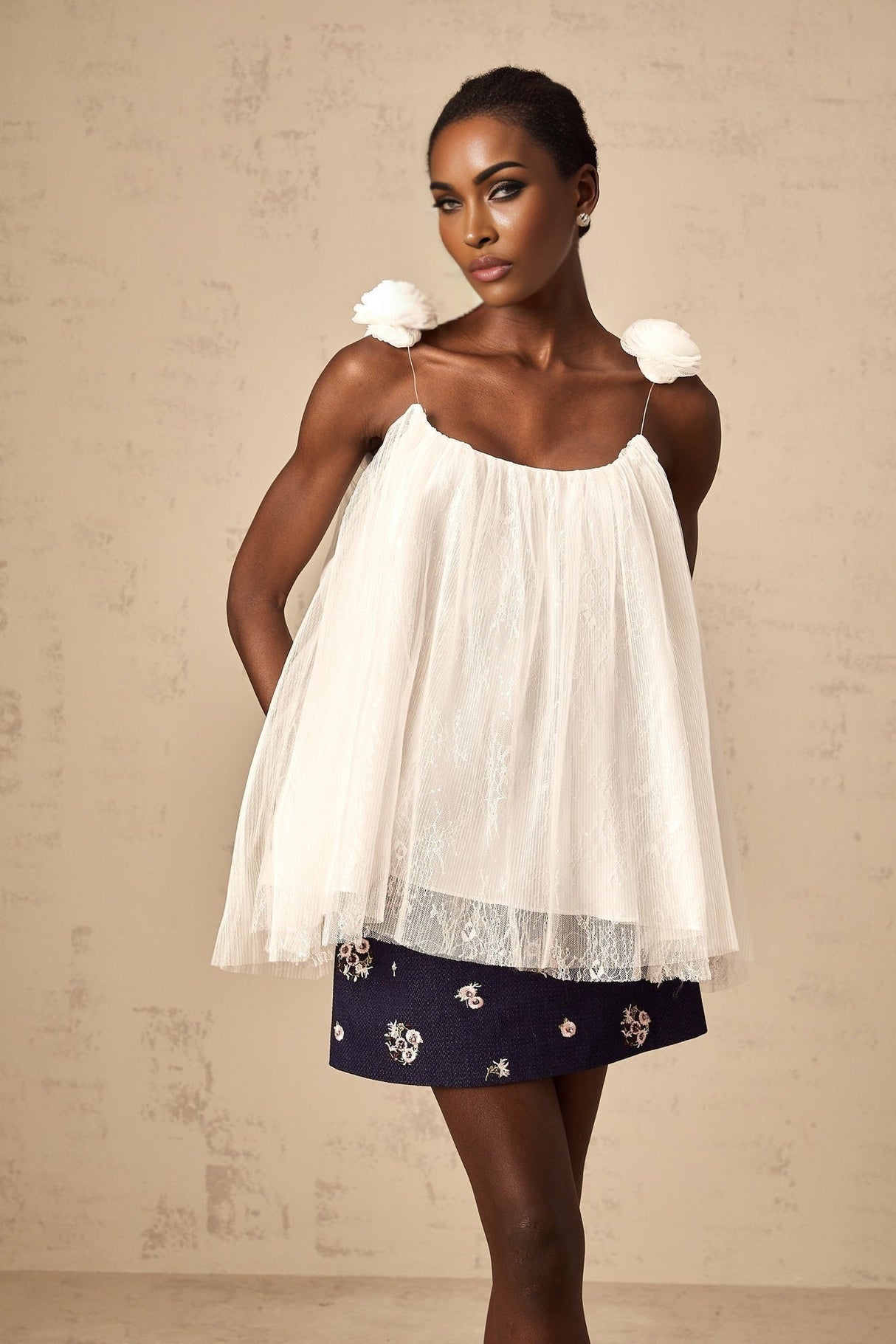 Giulia Top - Mesh Fabric - Flower Appliqué - Sequin Embellishment