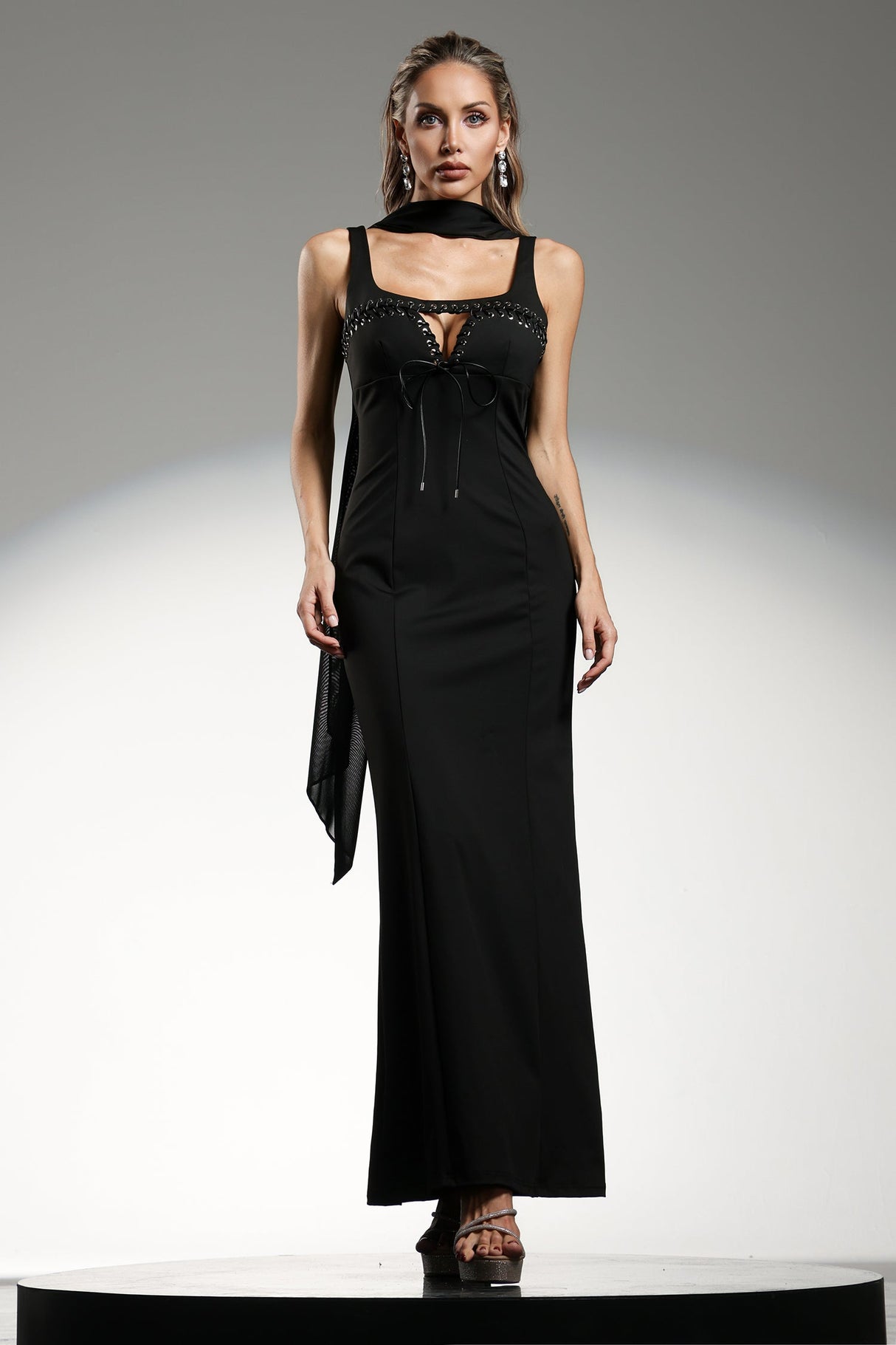 Giuliana Black Evening Event Dress with Plunging Neckline and Embellishments