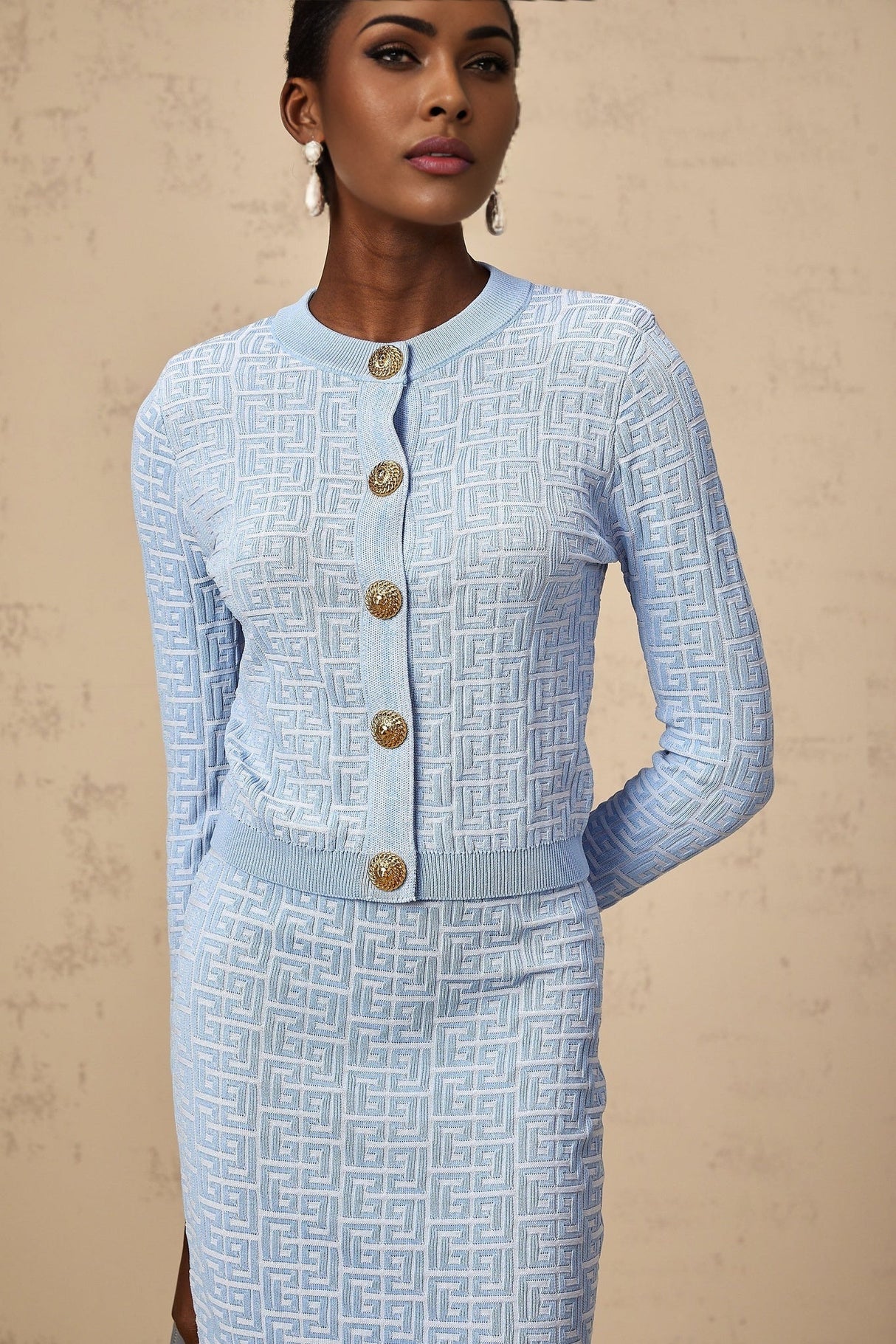 Giuliana Cardigan & Skirt - Knitted Jacquard Design - Tone Buttons - Ribbed Hem - Front Button Fastening