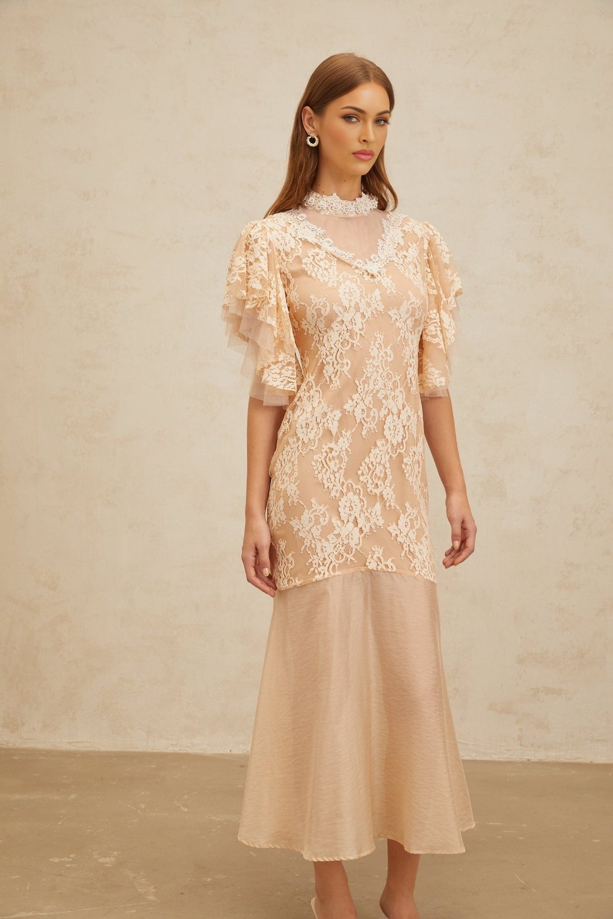 Giuliana Midi Dress - Mock Neck - Ruffled Batwing Sleeves - Floral Lace - Bead Embellishment - Mermaid Hem