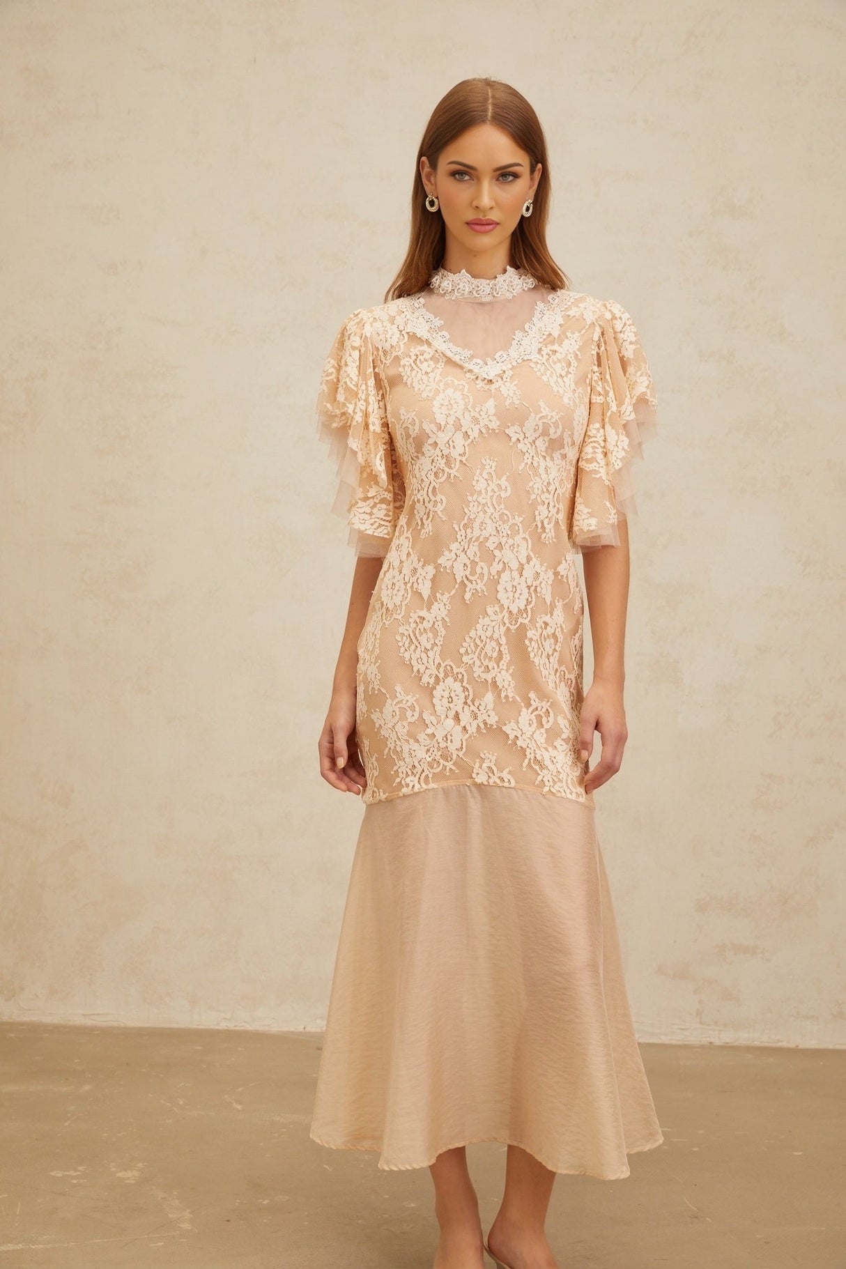 Giuliana Midi Dress - Mock Neck - Ruffled Batwing Sleeves - Floral Lace - Bead Embellishment - Mermaid Hem