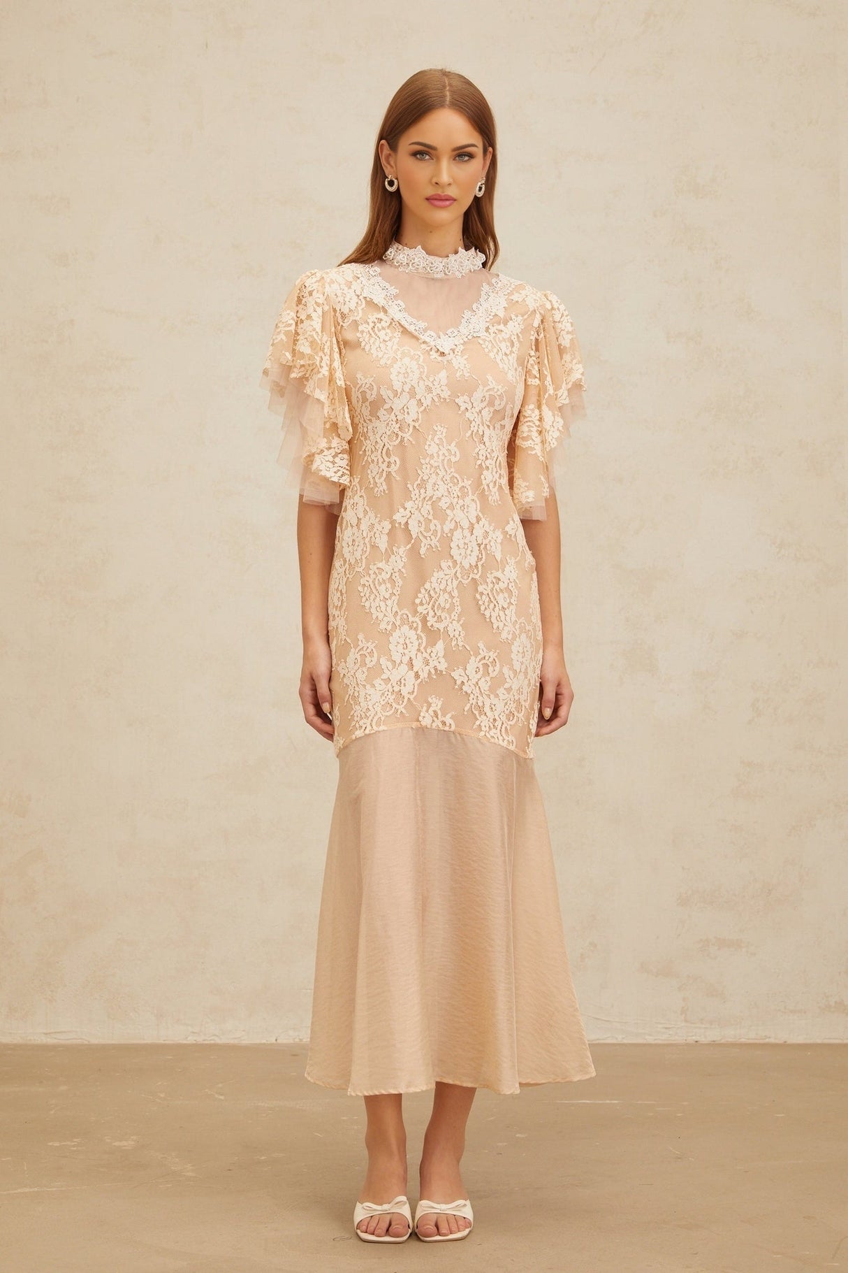Giuliana Midi Dress - Mock Neck - Ruffled Batwing Sleeves - Floral Lace - Bead Embellishment - Mermaid Hem