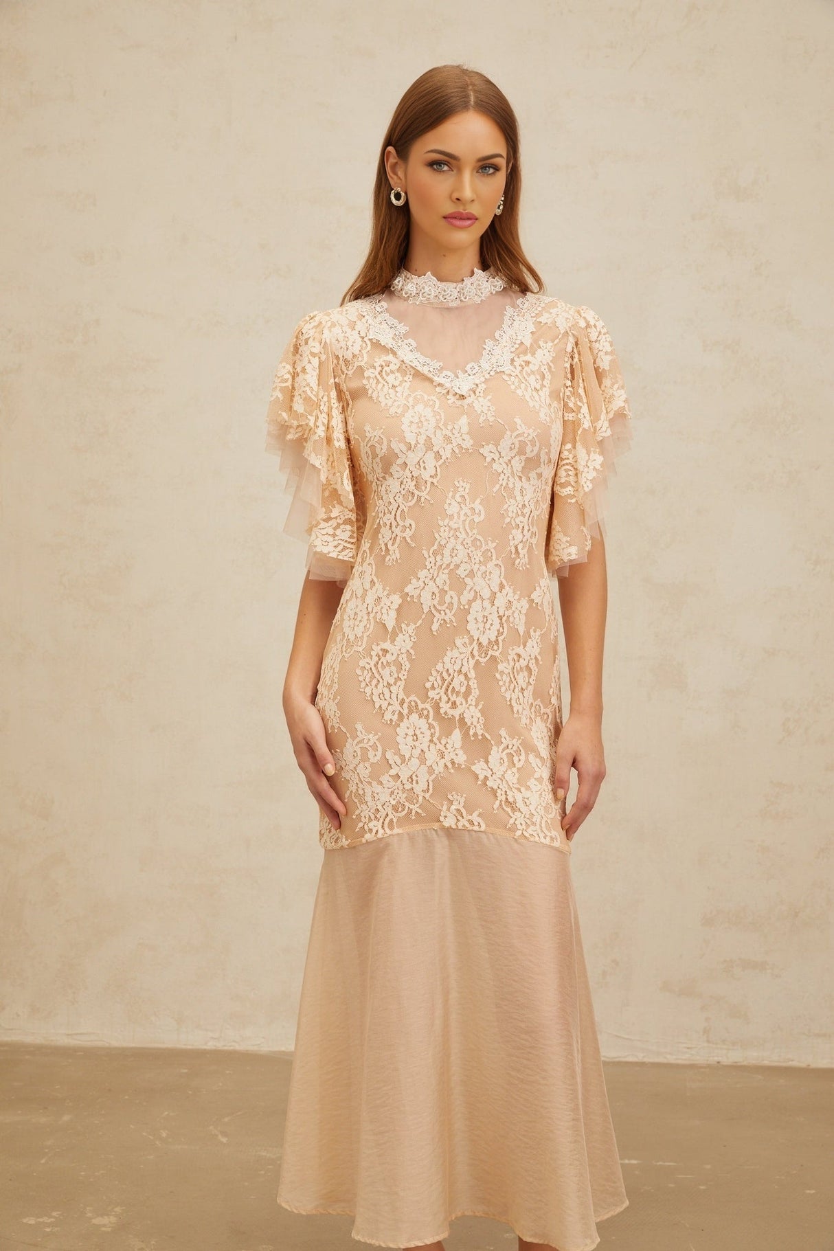 Giuliana Midi Dress - Mock Neck - Ruffled Batwing Sleeves - Floral Lace - Bead Embellishment - Mermaid Hem