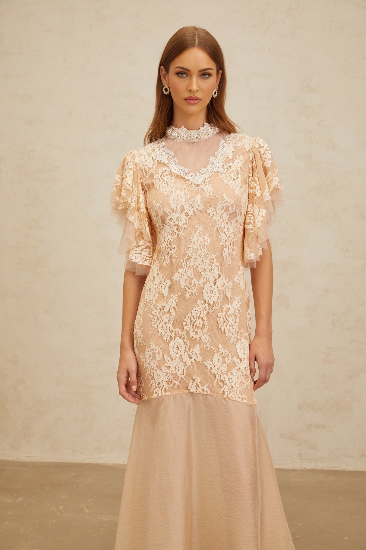 Giuliana Midi Dress - Mock Neck - Ruffled Batwing Sleeves - Floral Lace - Bead Embellishment - Mermaid Hem