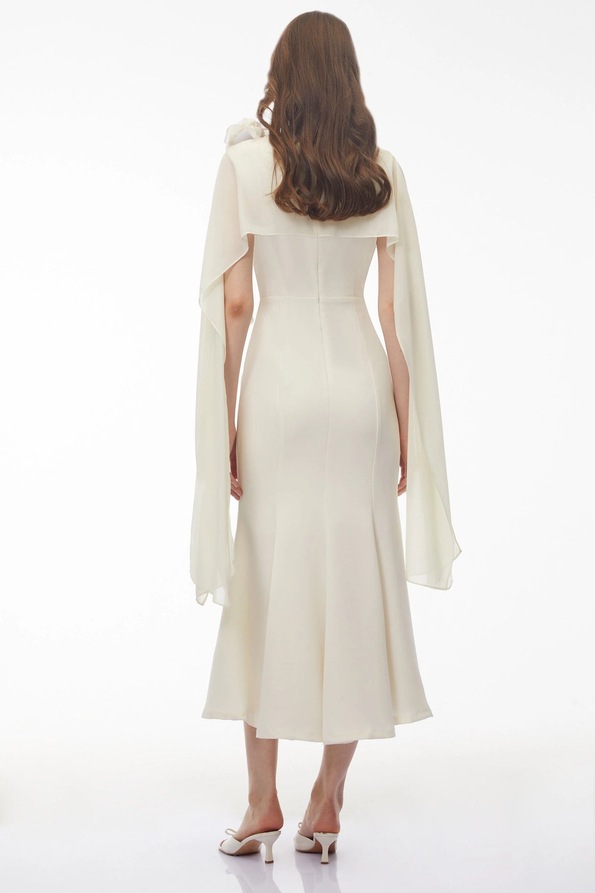 Giuliana White Midi Dress with Cape Sleeves and 3D Florals