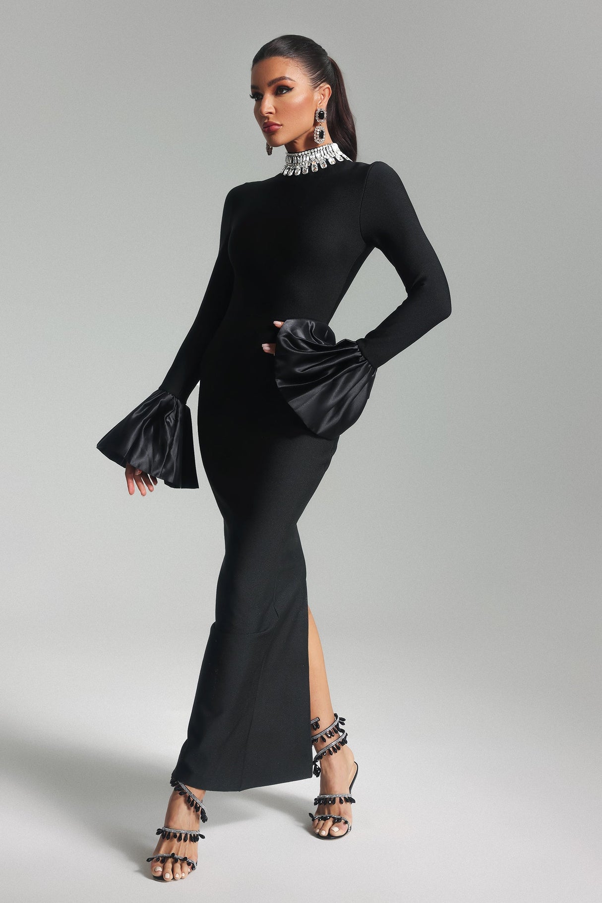 Giulietta Black High Neck Diamante Detail Bell Sleeve Maxi Dress