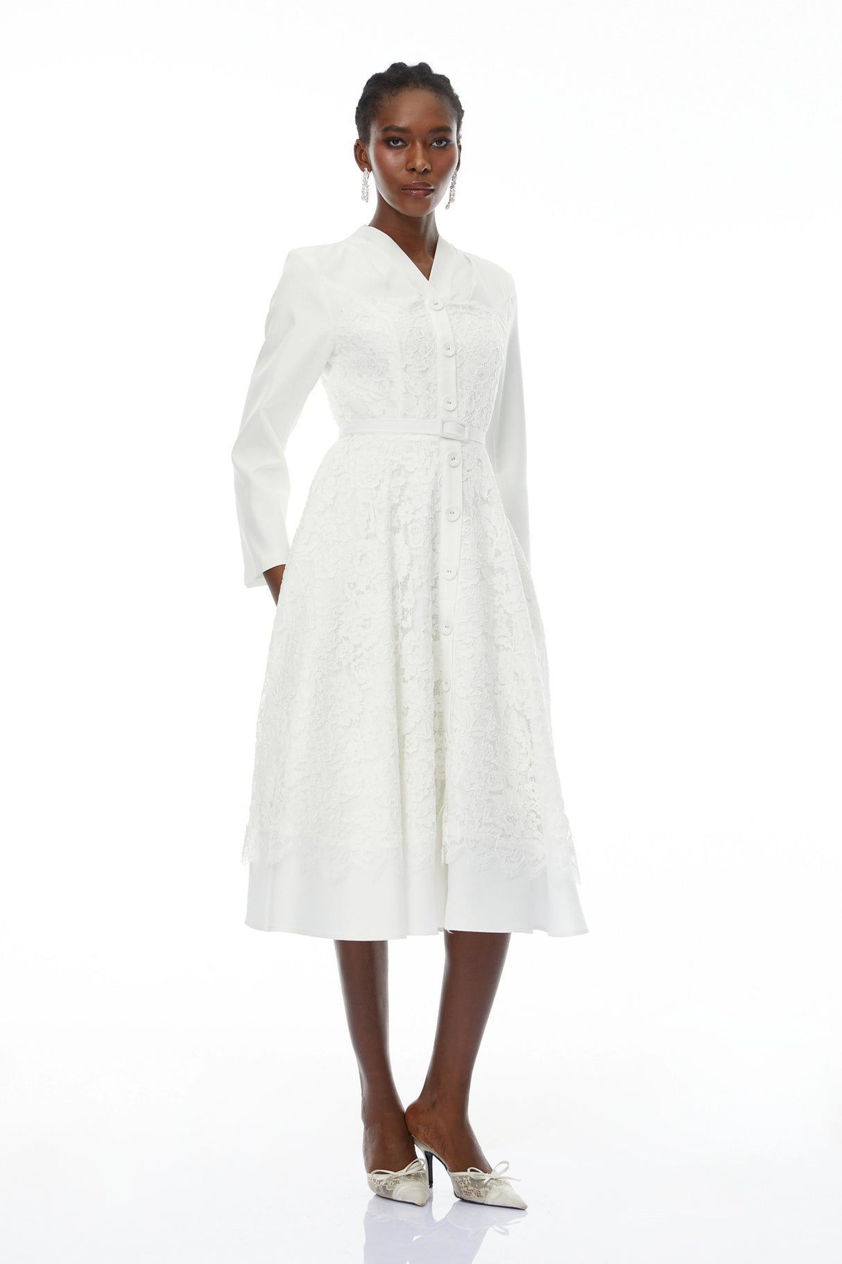Giuseppin White VNeck Lace Panel Midi Dress