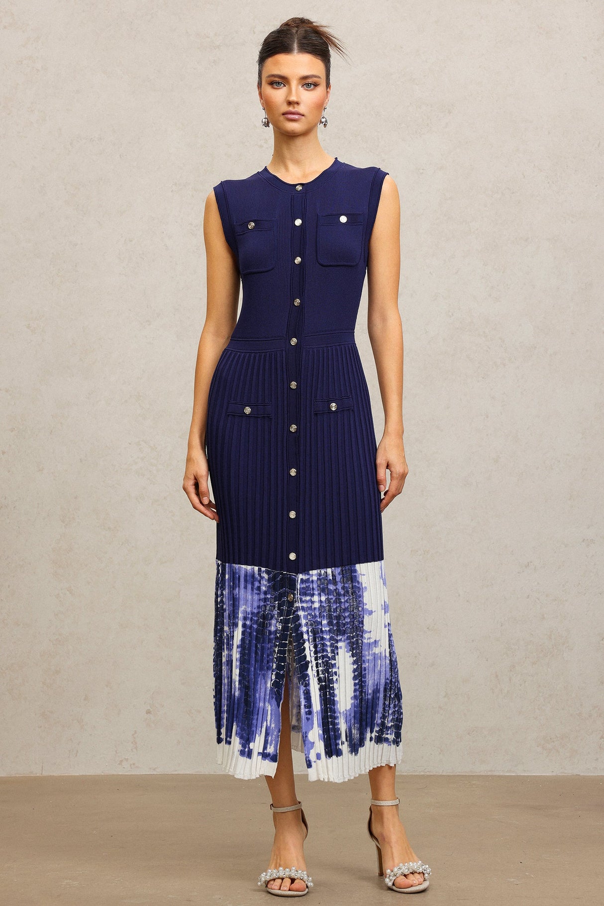 Giuseppina Blue Ribbed Bodice Pleated Skirt Dress with Button Embellishments and Pockets
