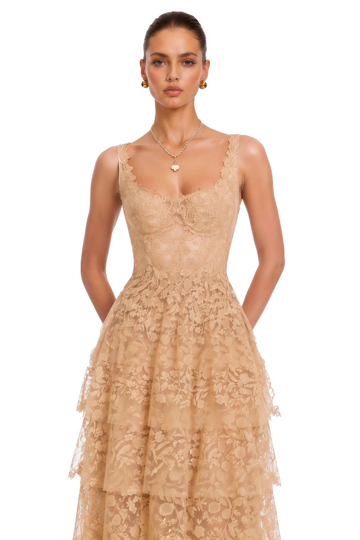 Gizela Neutral Tiered Lace Maxi Dress