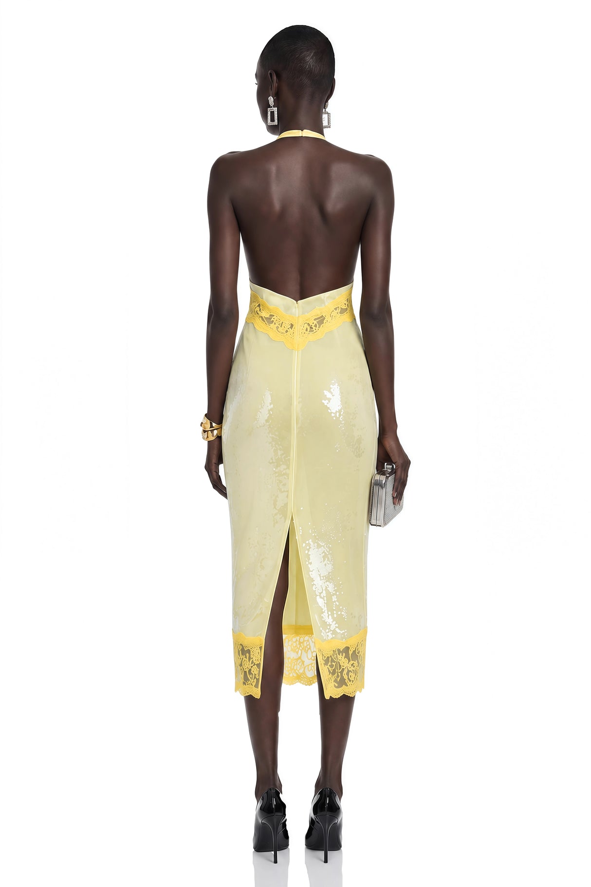 Gizem Yellow Sequin Midi Dress with Lace Panels