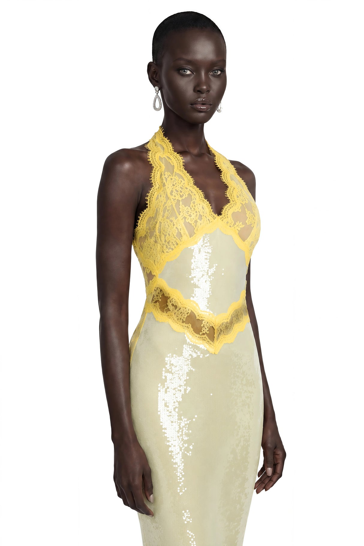 Gizem Yellow Sequin Midi Dress with Lace Panels