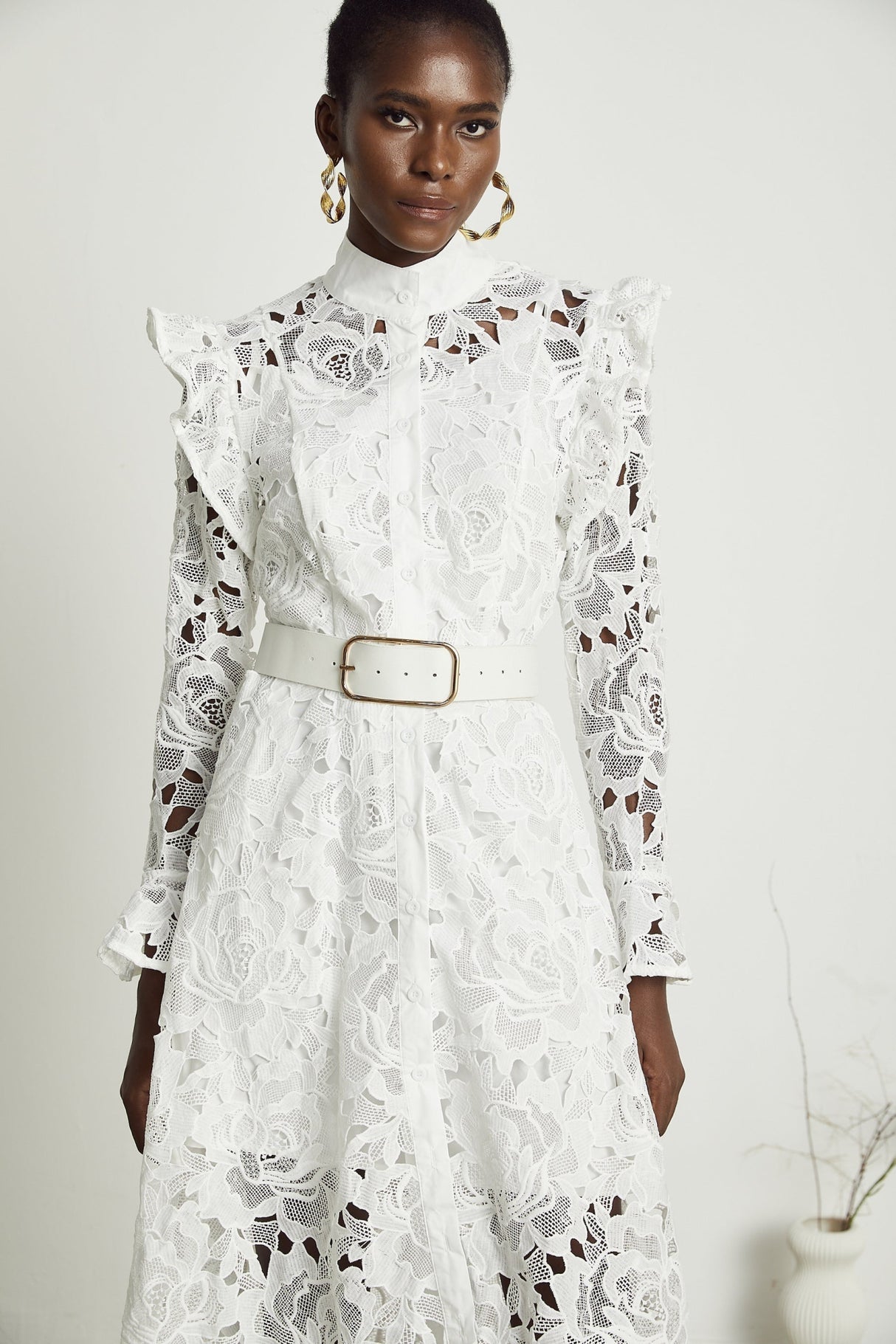 Gloria Floral Midi Dress - Long Sleeves - Chic Cutout Design - Belted Waist - Front Button Fastening