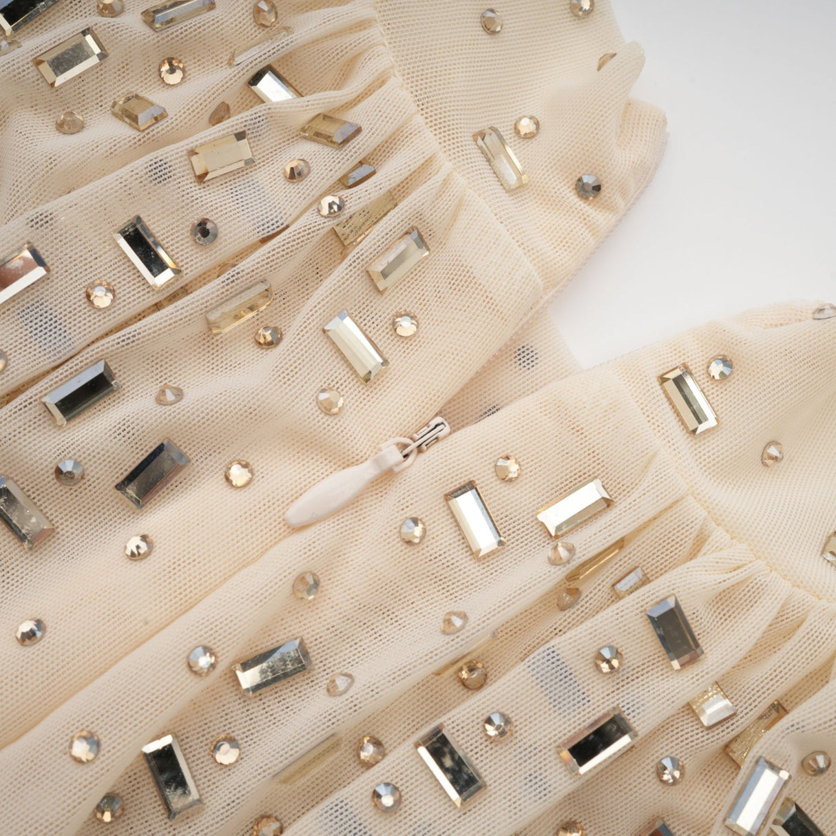 Gloria Mini Dress - Long Sleeves - Crystal Embellishment - Draped Design - Rear Zip Fastening