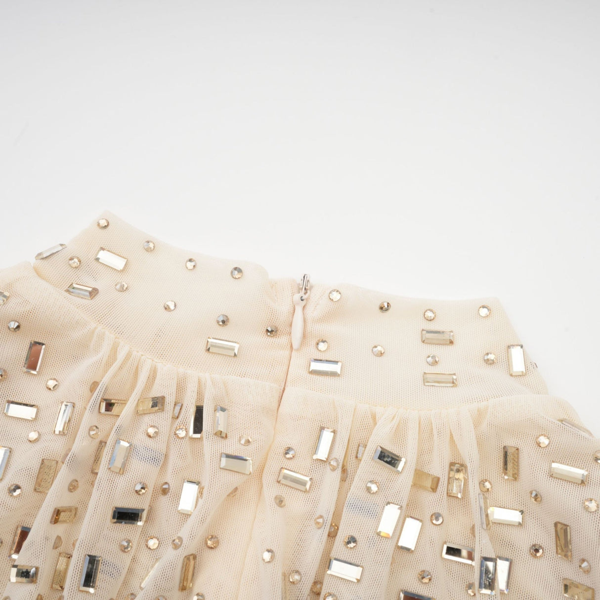 Gloria Mini Dress - Long Sleeves - Crystal Embellishment - Draped Design - Rear Zip Fastening