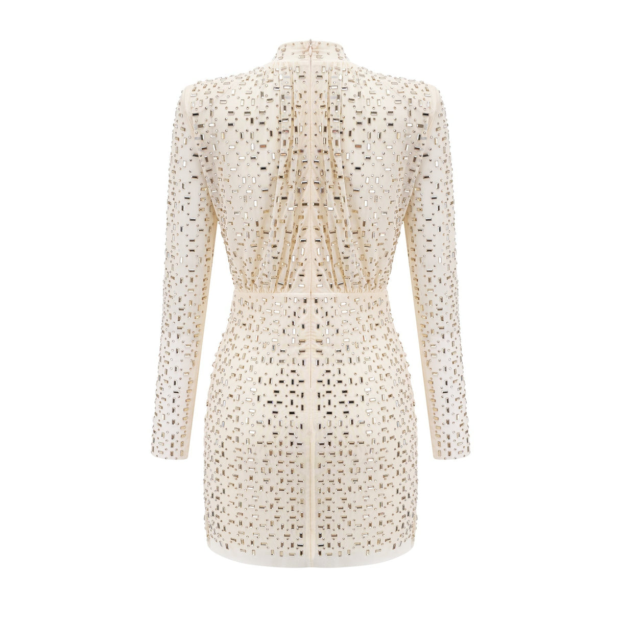 Gloria Mini Dress - Long Sleeves - Crystal Embellishment - Draped Design - Rear Zip Fastening