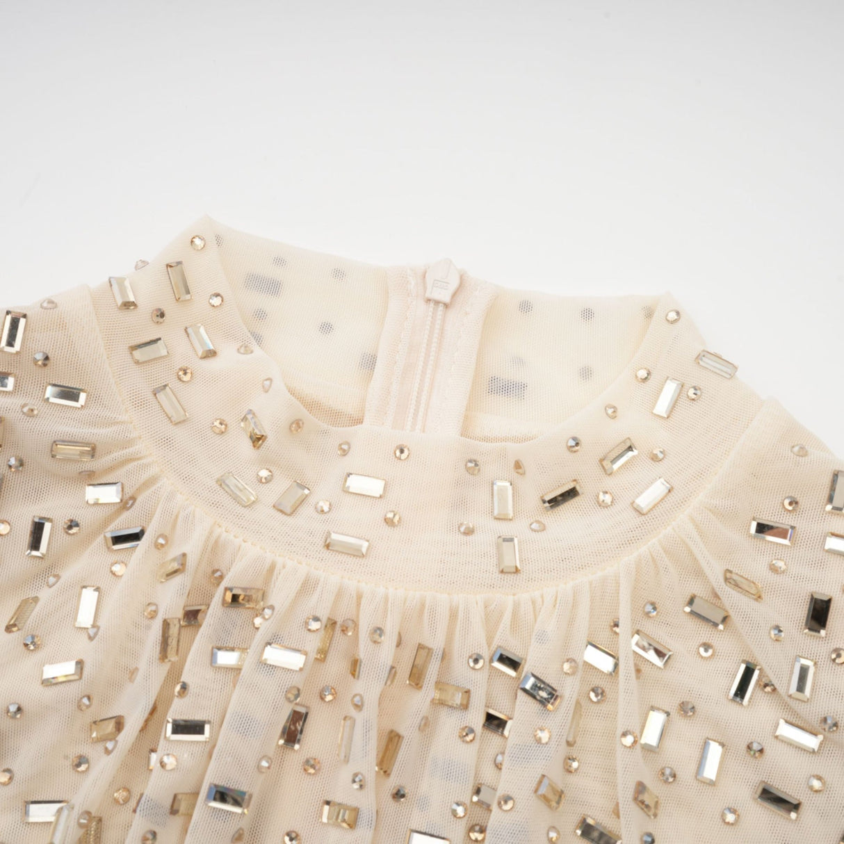 Gloria Mini Dress - Long Sleeves - Crystal Embellishment - Draped Design - Rear Zip Fastening