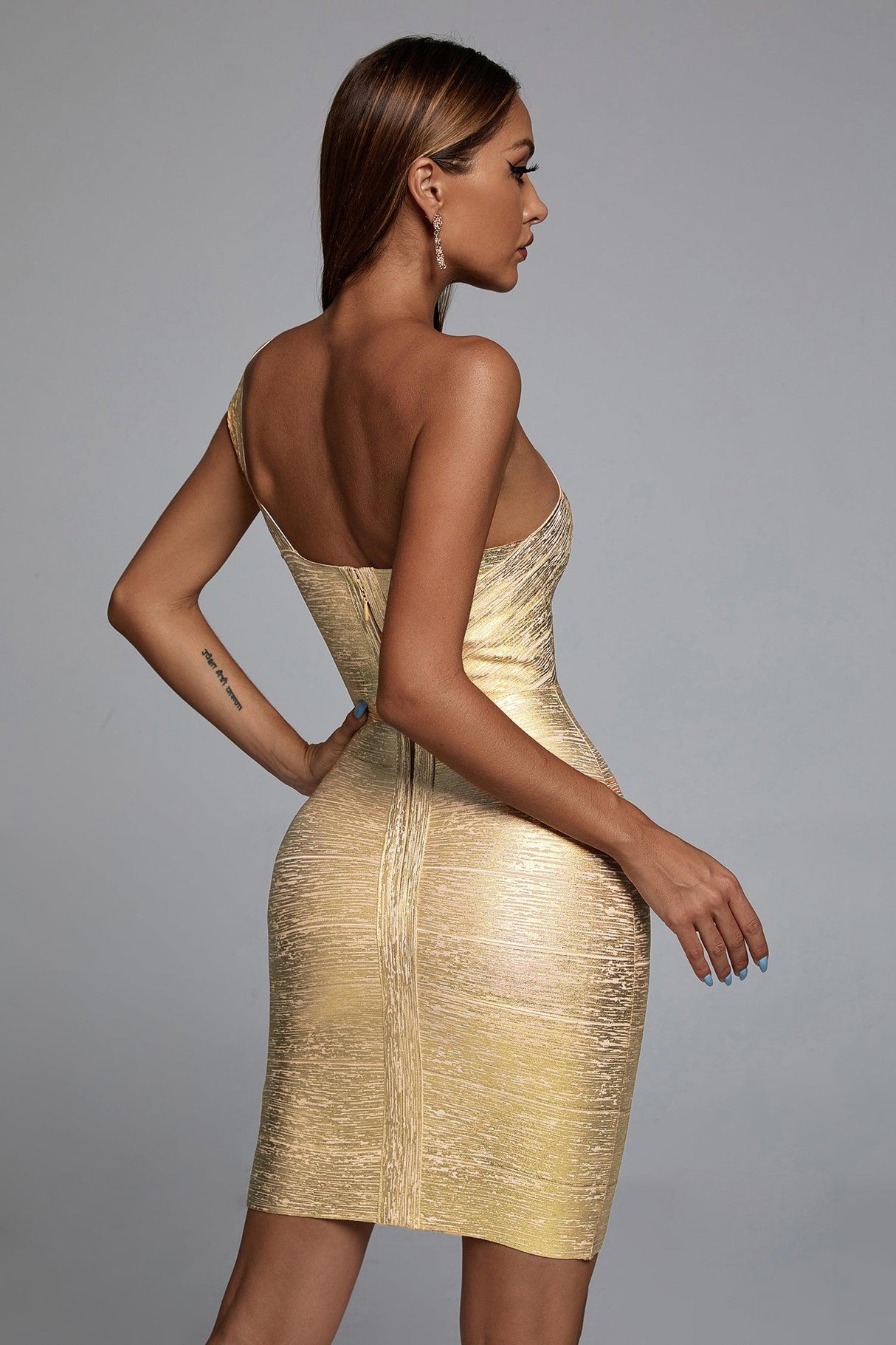 Adelaide wearing Gold Lika Metallic Mini Cocktail Dress