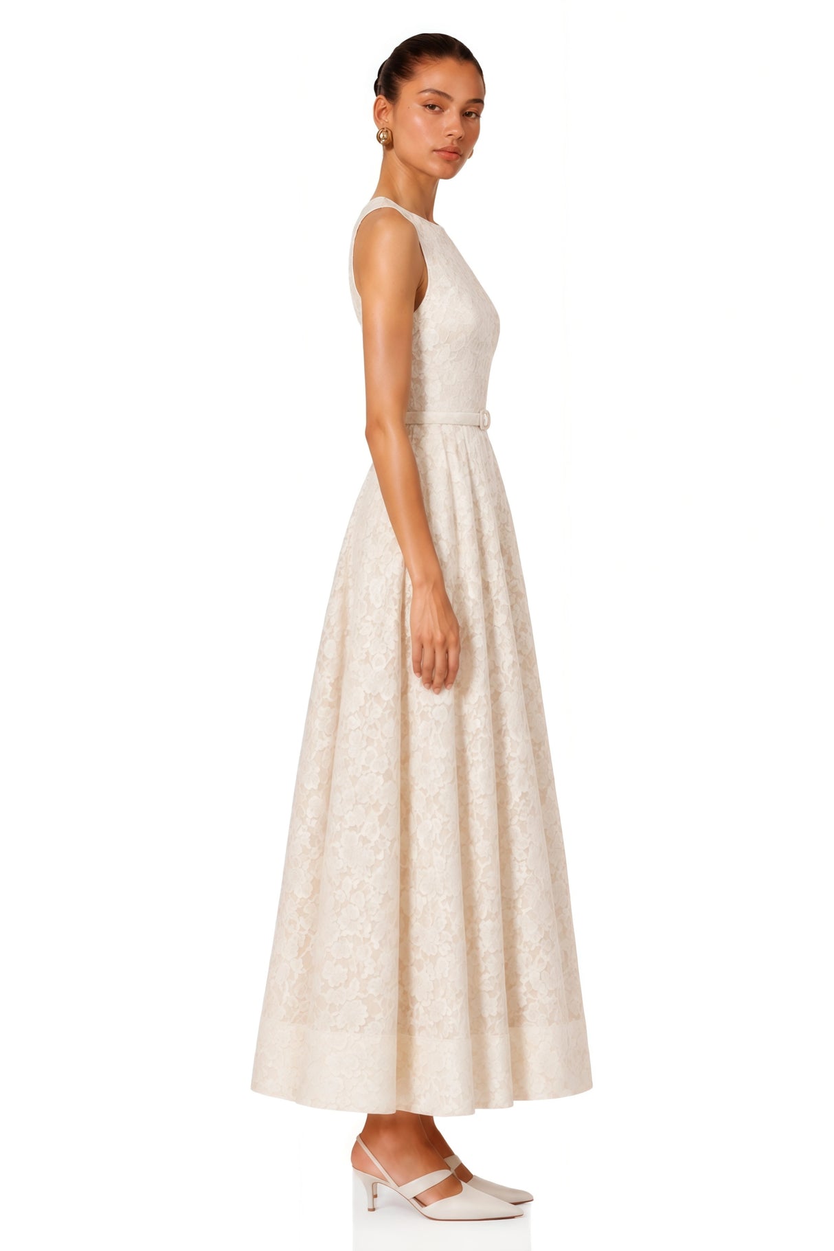 Golnar White Sleeveless Floral Lace Maxi Dress