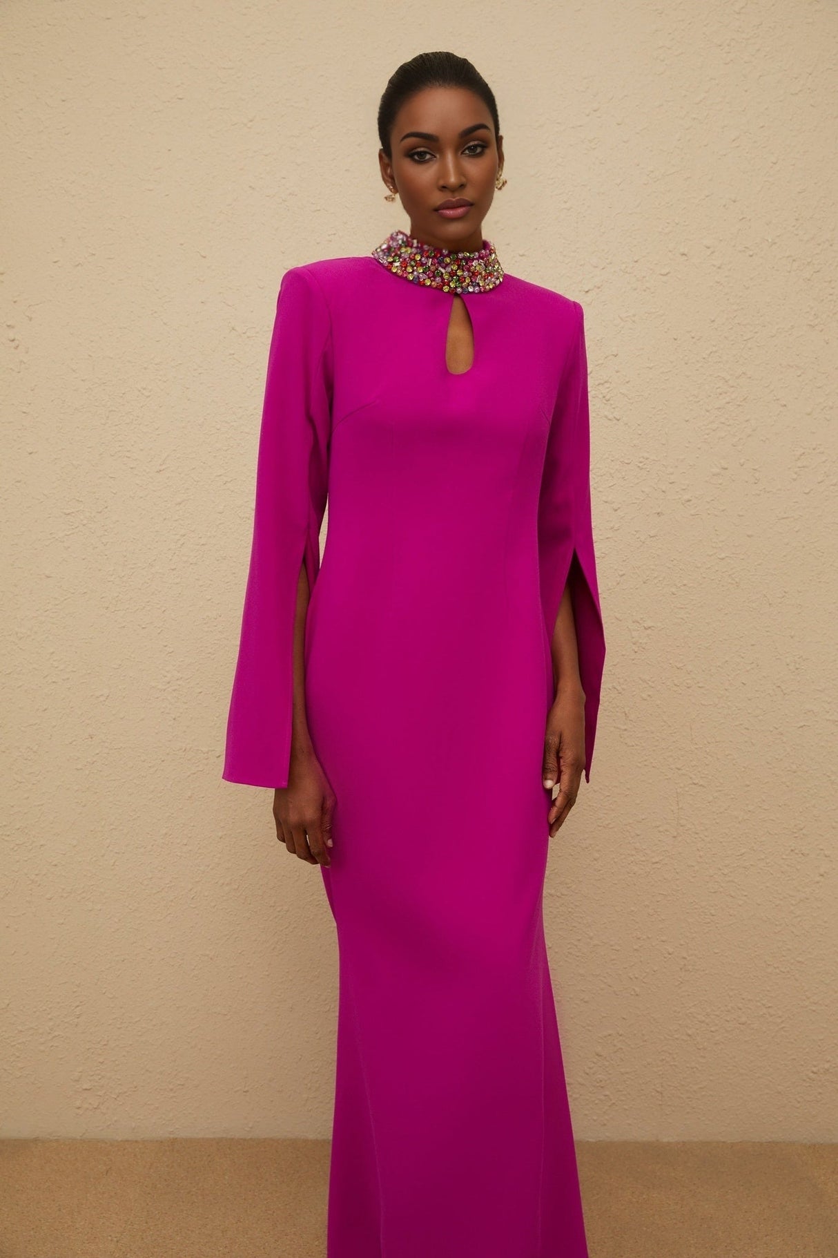 Gown - Mock Neck - Split Sleeves - Fitted Waistline - Bead & Crystal Embellishment - Mermaid Hem